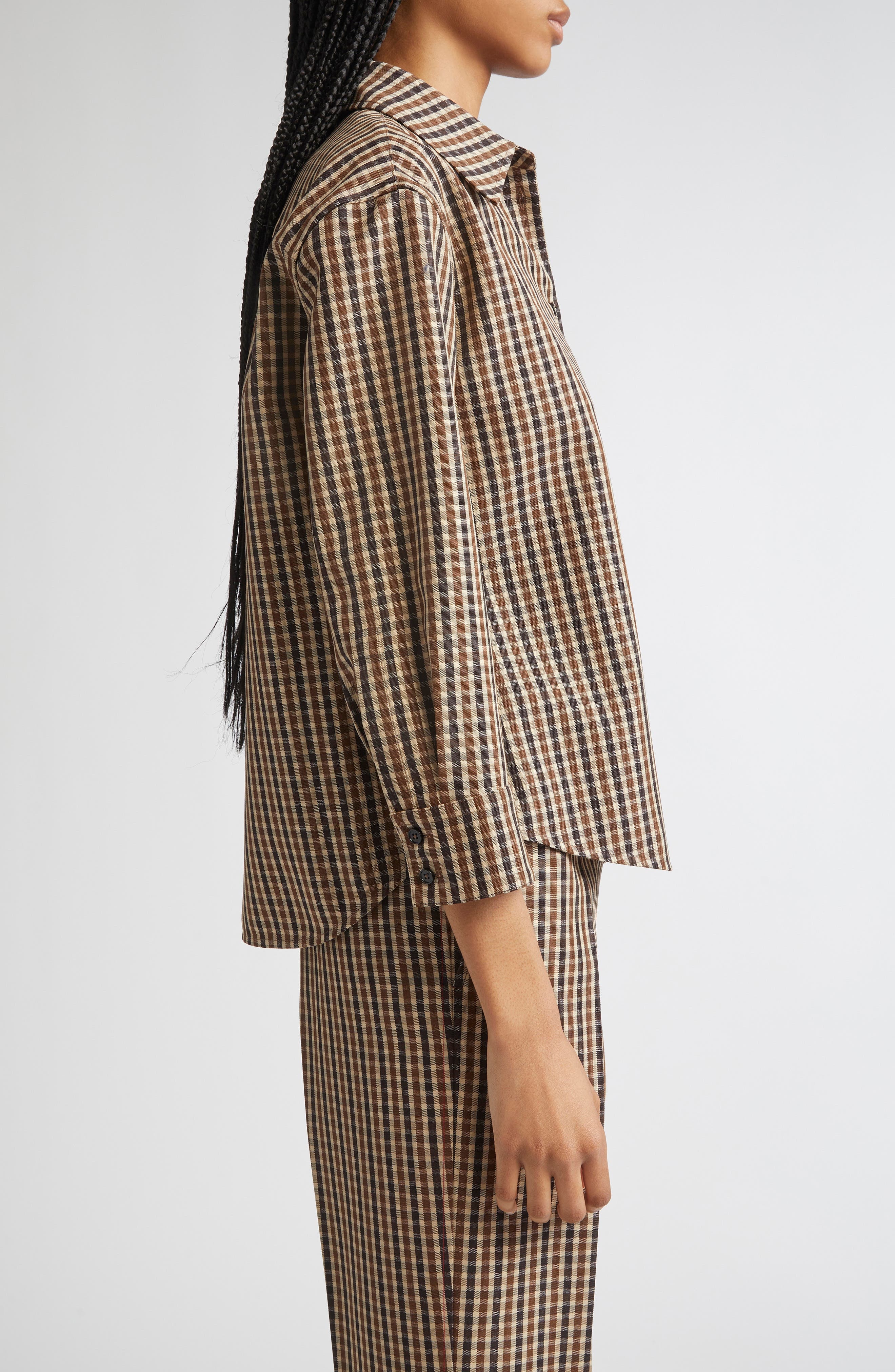 Jil Sander Classic Check Three-Quarter Sleeve Crop Button-Up Shirt in Hazelnut Mouline at Nordstrom - 4