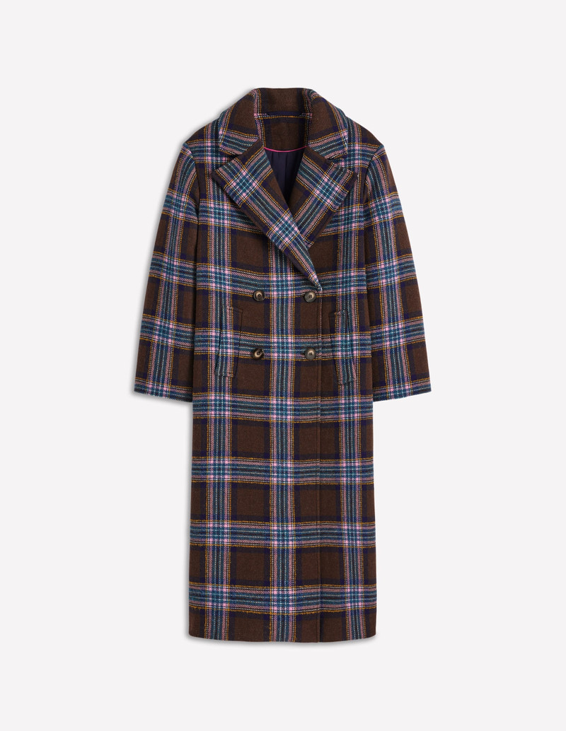 Cocoon Wool Coat-Brown, Teal and Pink Check 1