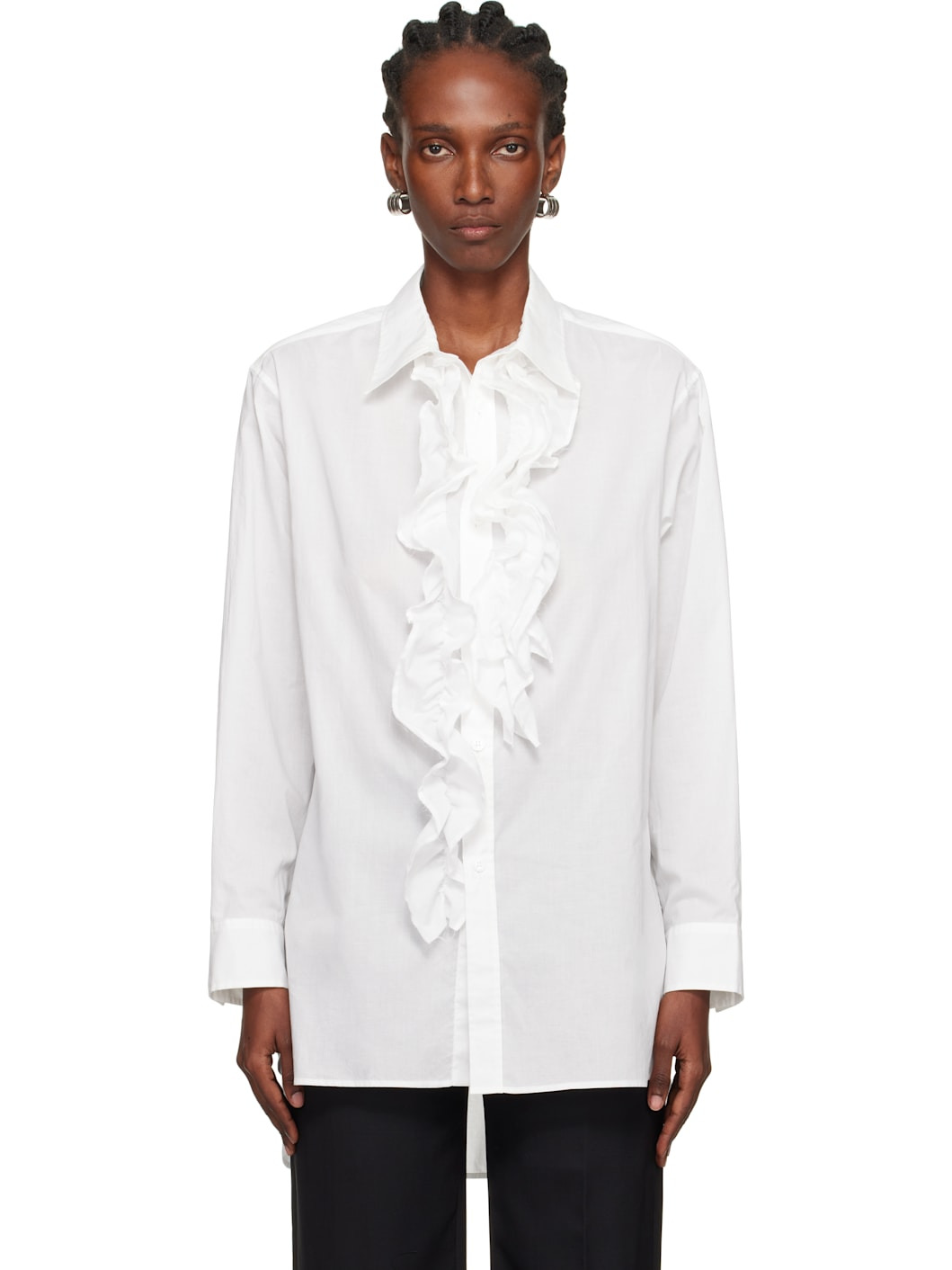 White Cotton Lawn Untrimmed Frill Shirt - 1