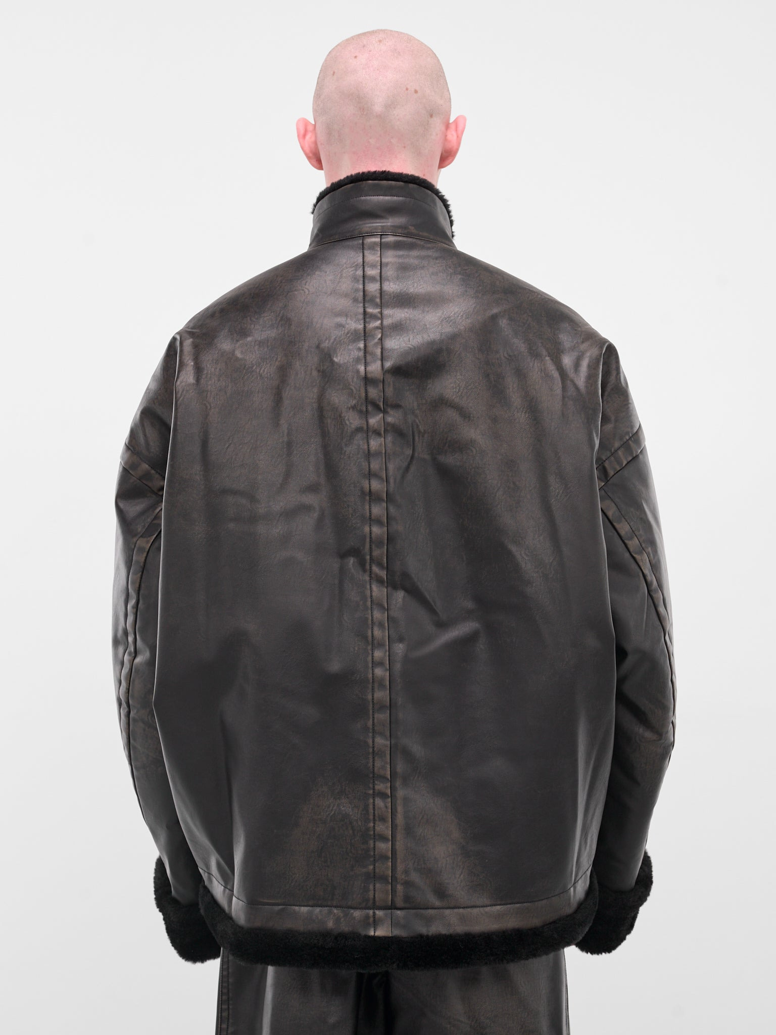 Black Oversized Leather Shearling Jacket - 3