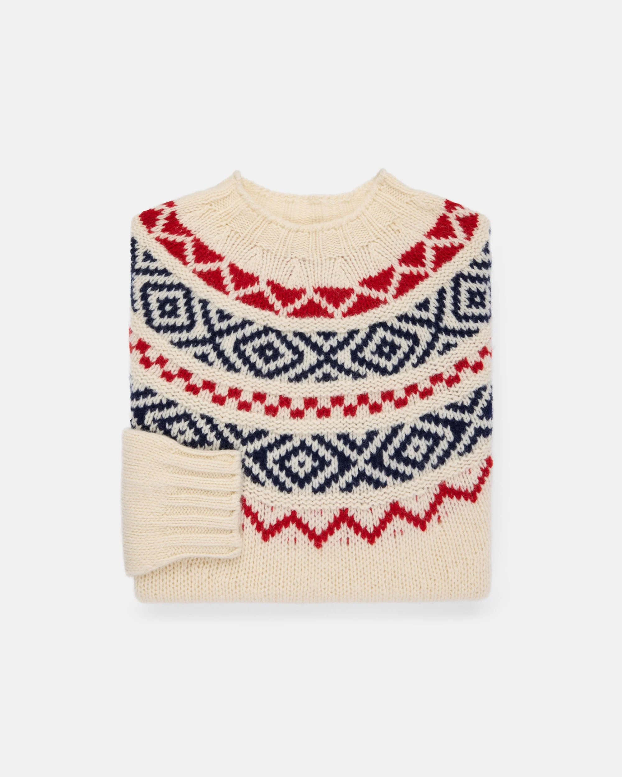 MADE-IN-SCOTLAND WHITE, NAVY & RED HEAVY YOKE FAIR ISLE CREW NECK SWEATER - 1
