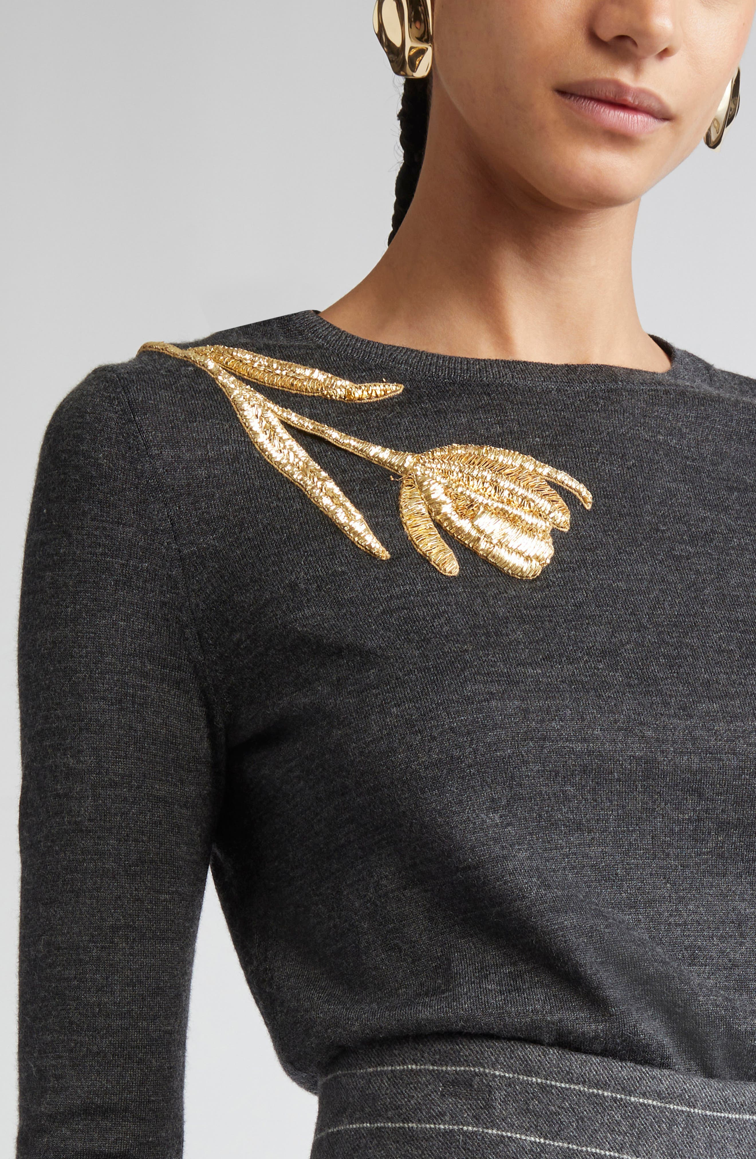 Carolina Herrera Embroidered Long Sleeve Virgin Wool & Silk Crewneck Sweater in Charcoal Grey at Nor - 5