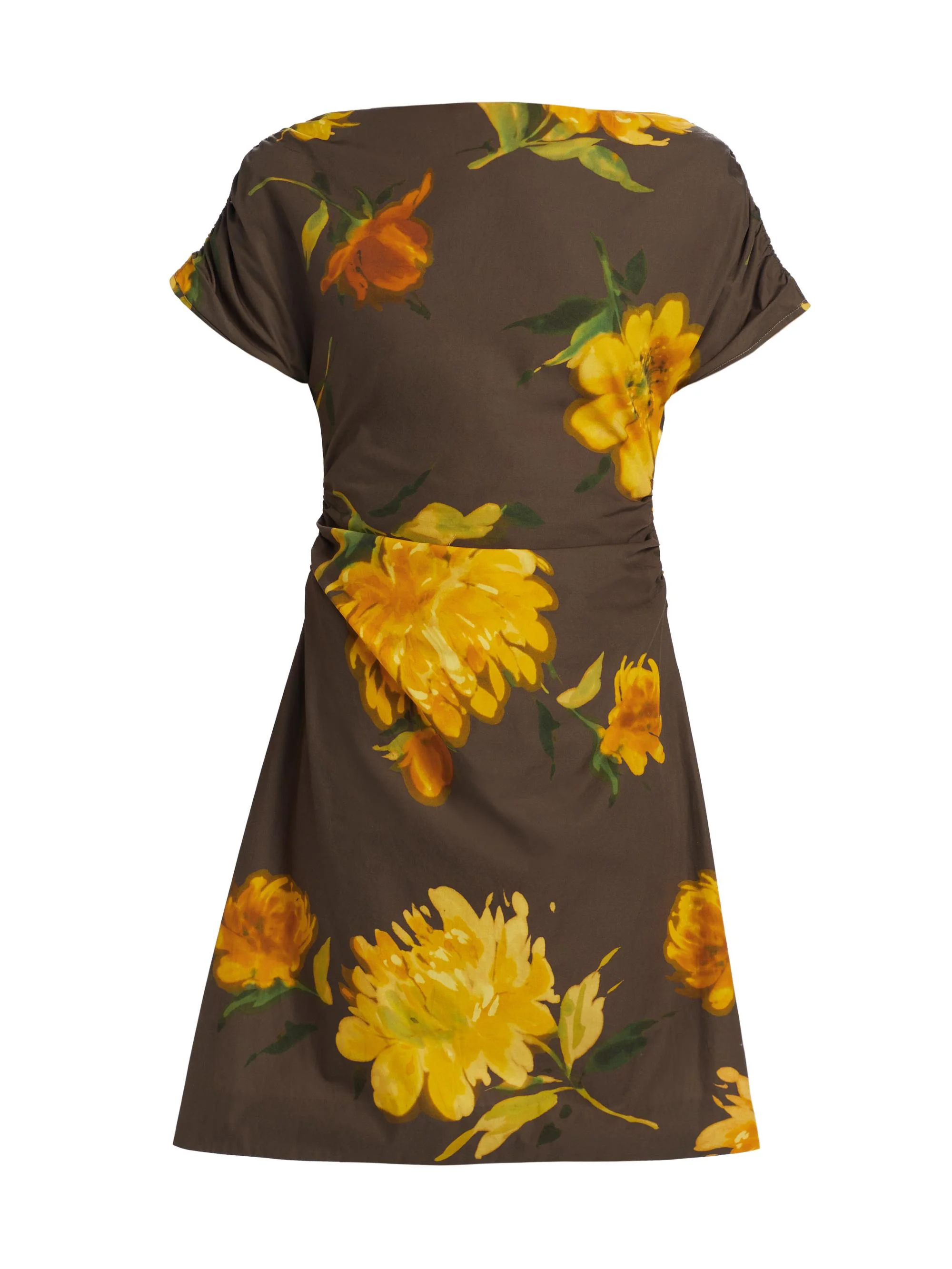 Women's Floral Ruched Cotton Minidress - Chocolate Multi - 1