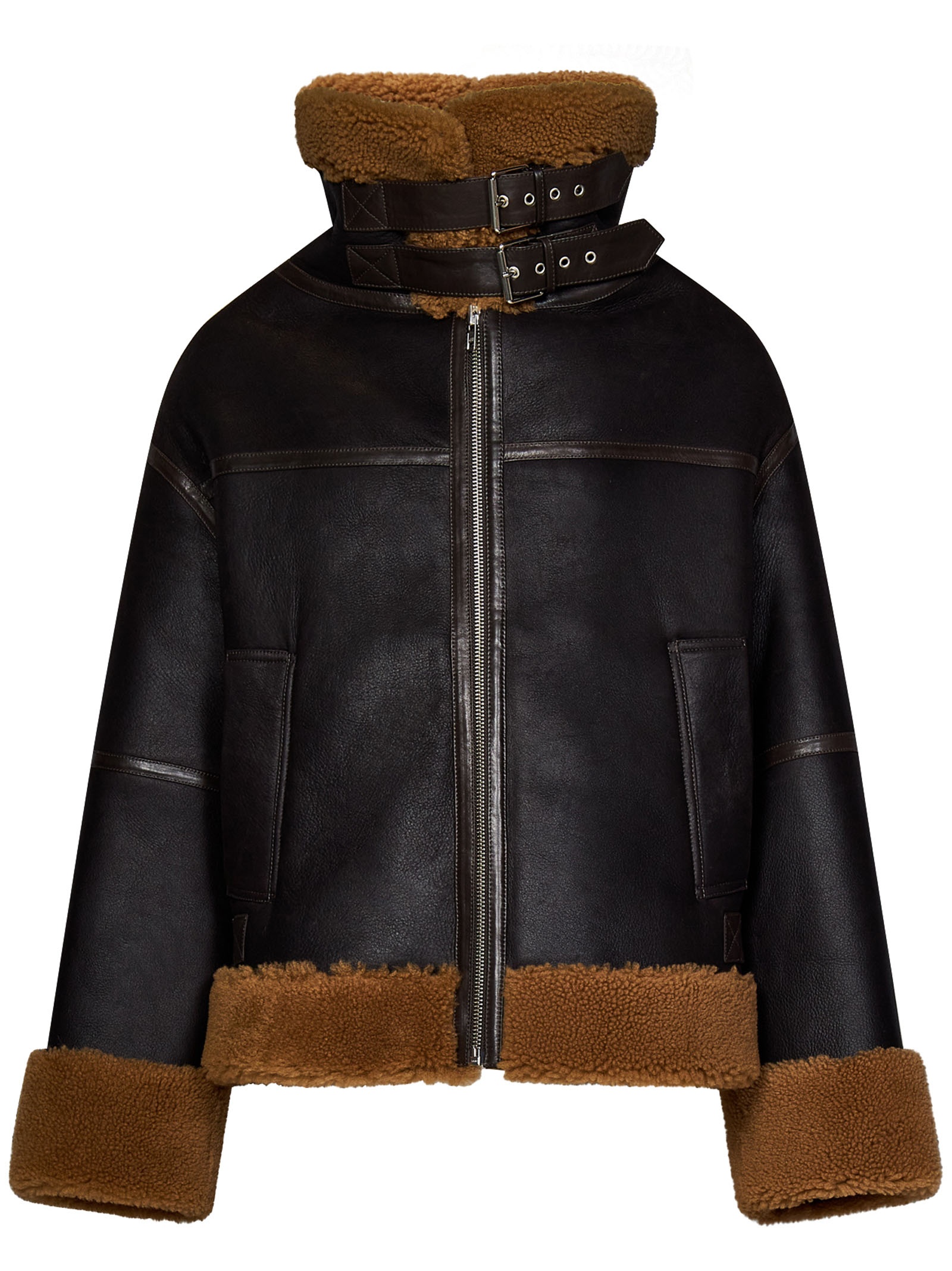 Dark brown leather jacket with brown shearling hem, collar and cuffs. - 1