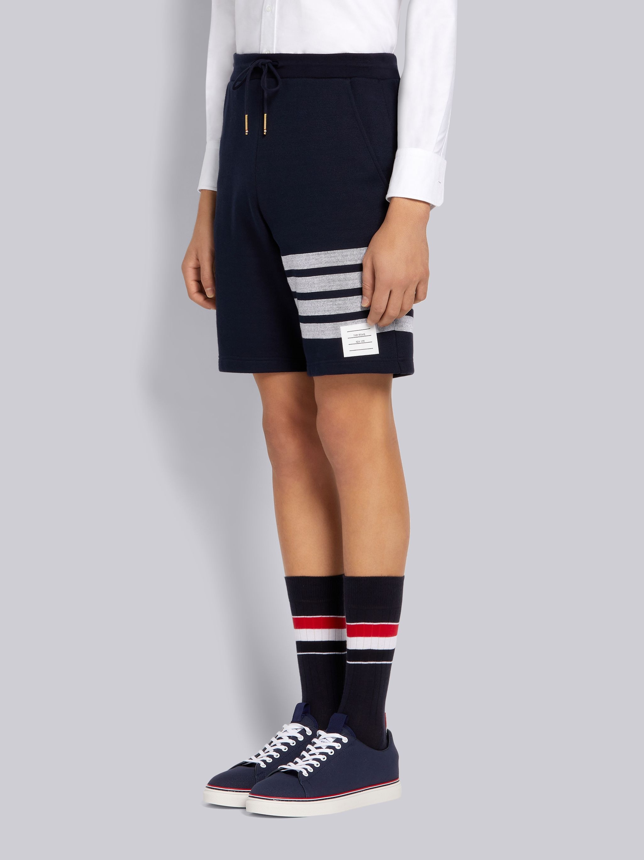 Navy Double Face Cotton Knit 4-Bar Stripe Sweat Shorts - 2