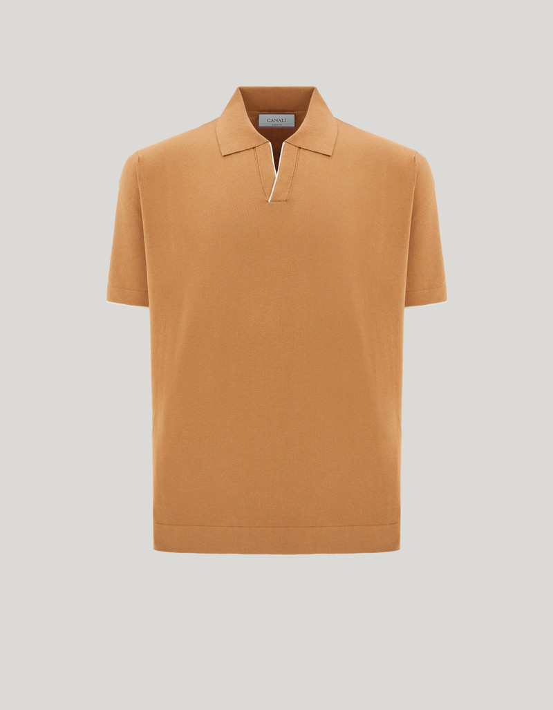 CARAMEL COTTON AND SILK POLO SHIRT WITH CONTRASTING PIPING 1