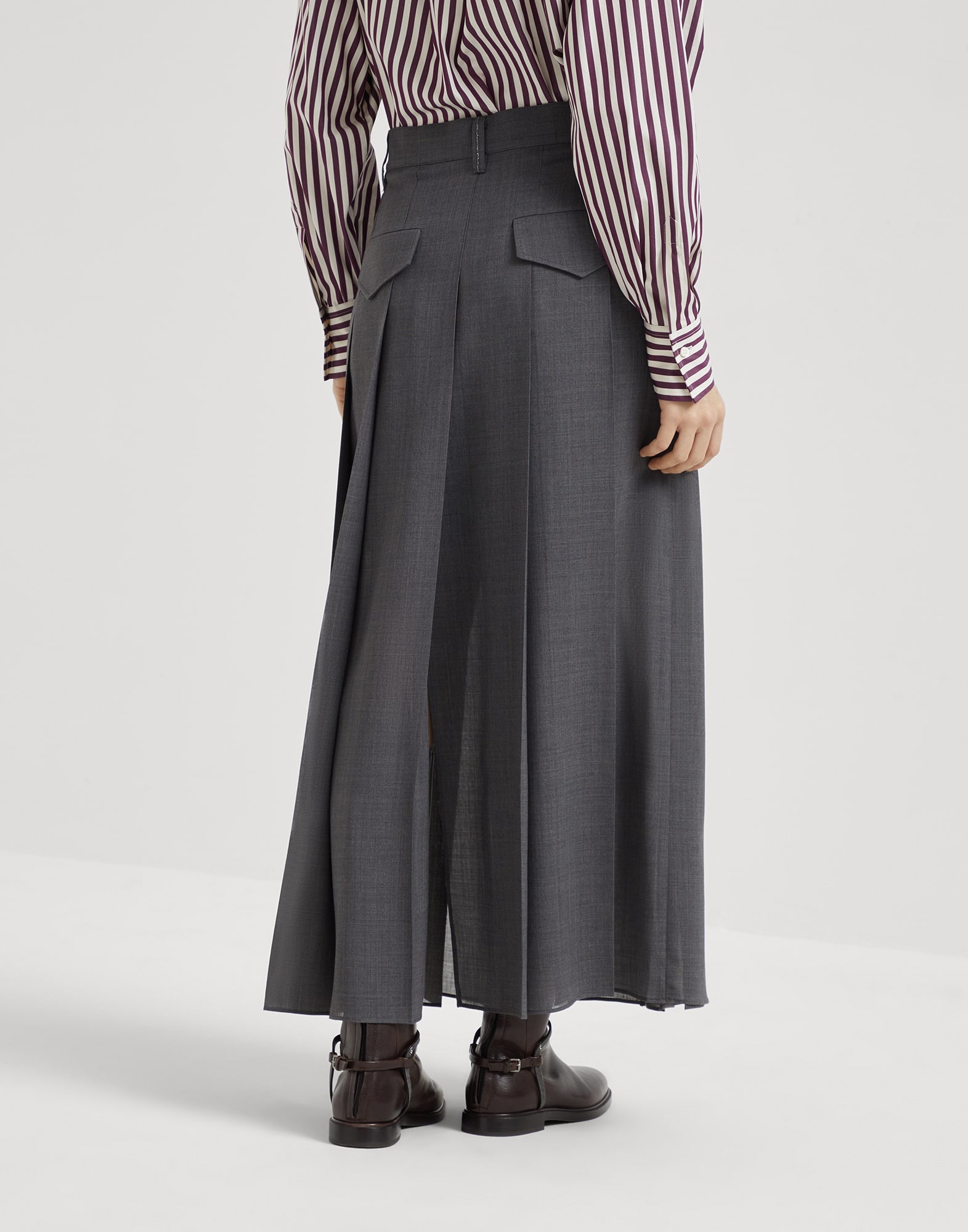 Techno virgin wool gauze long pleated skirt with monili - 2