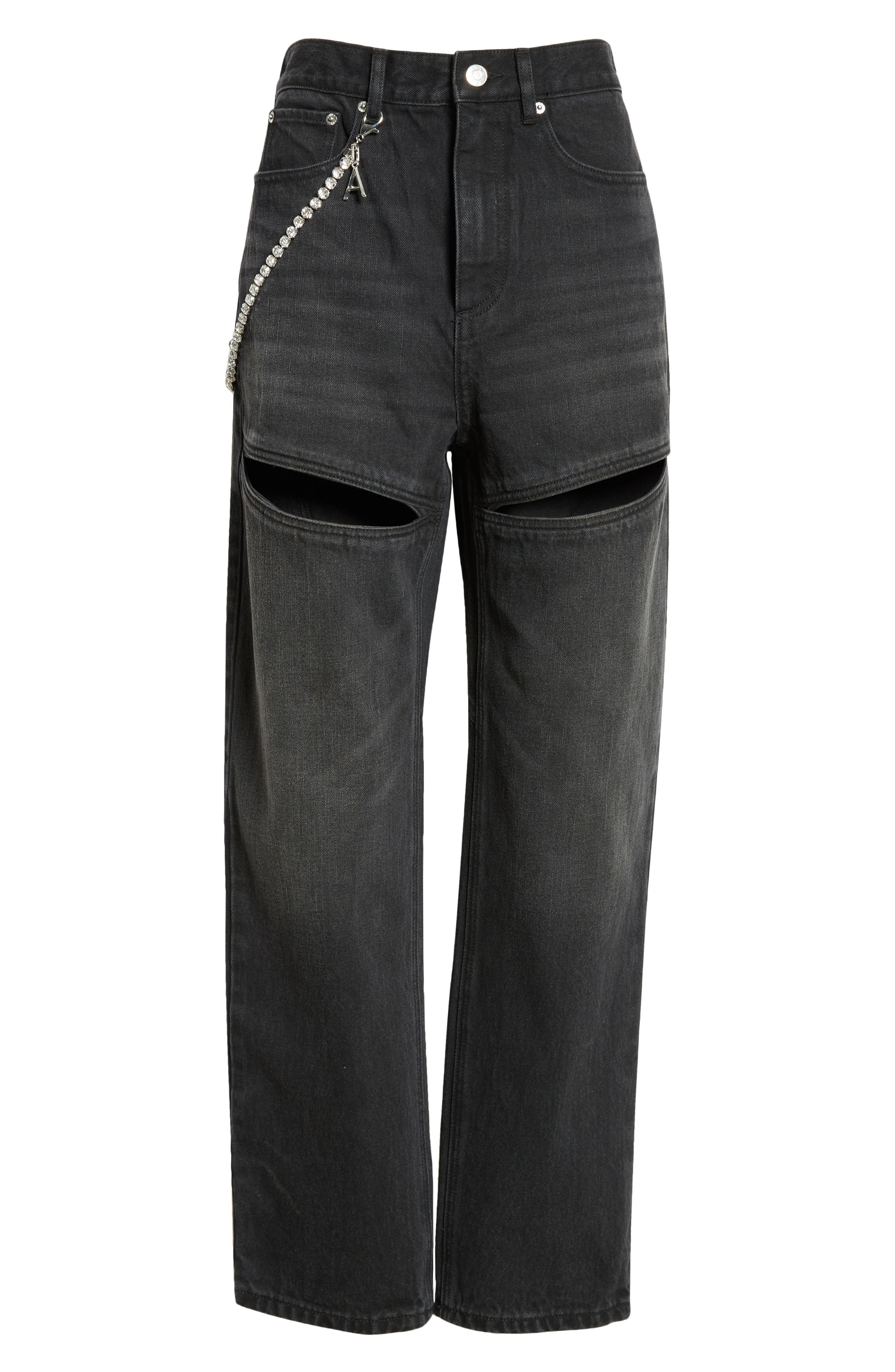 Area Slit Straight Leg Jeans with Crystal Chain in Black at Nordstrom - 5