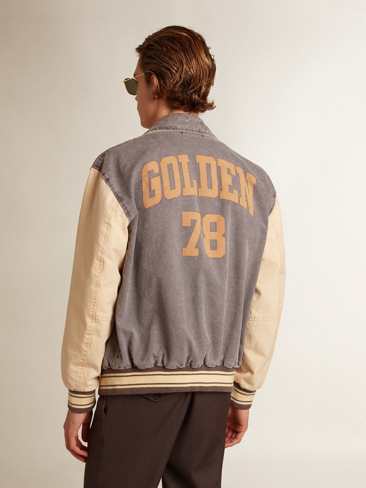 Bomber jacket in lilac-gray and marzipan-colored cotton - 4