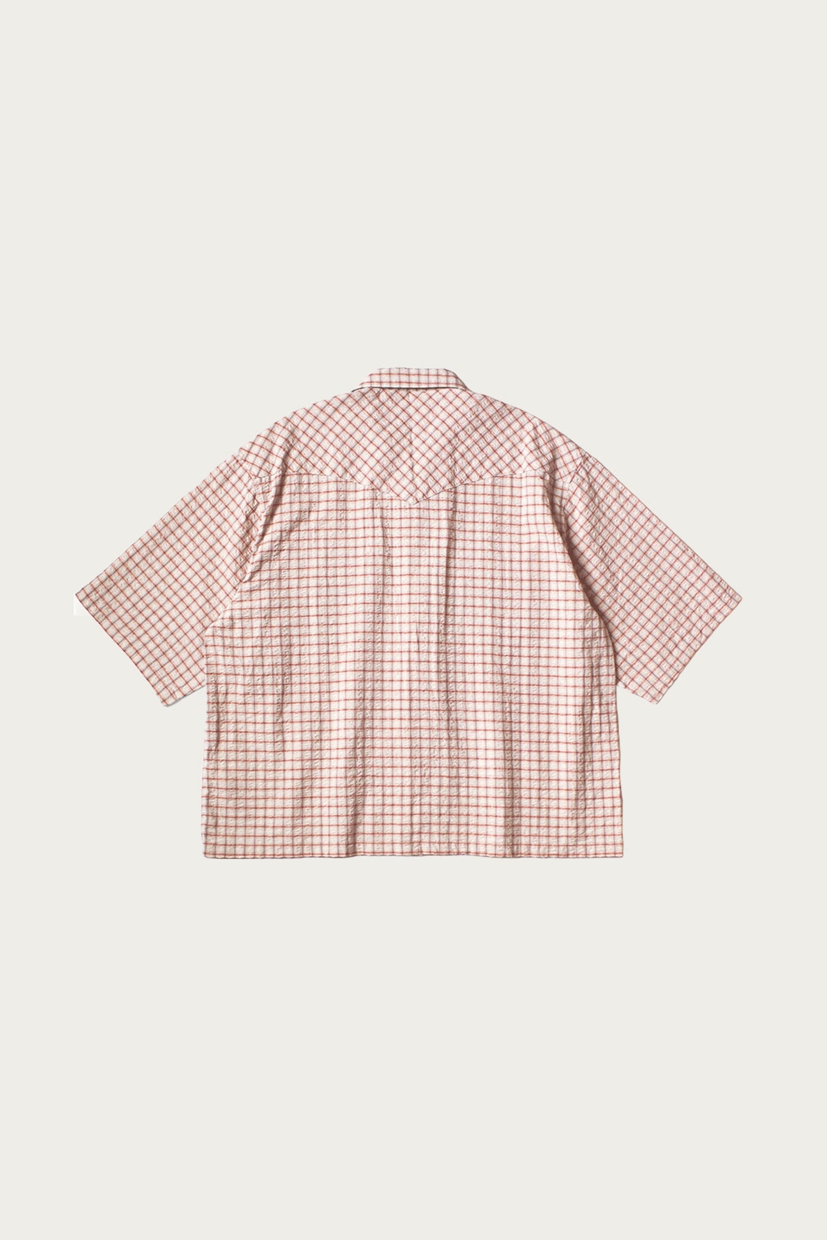 Cotton Linen Seersucker Check Open-Collar Western BIG Shirt - Red - 2