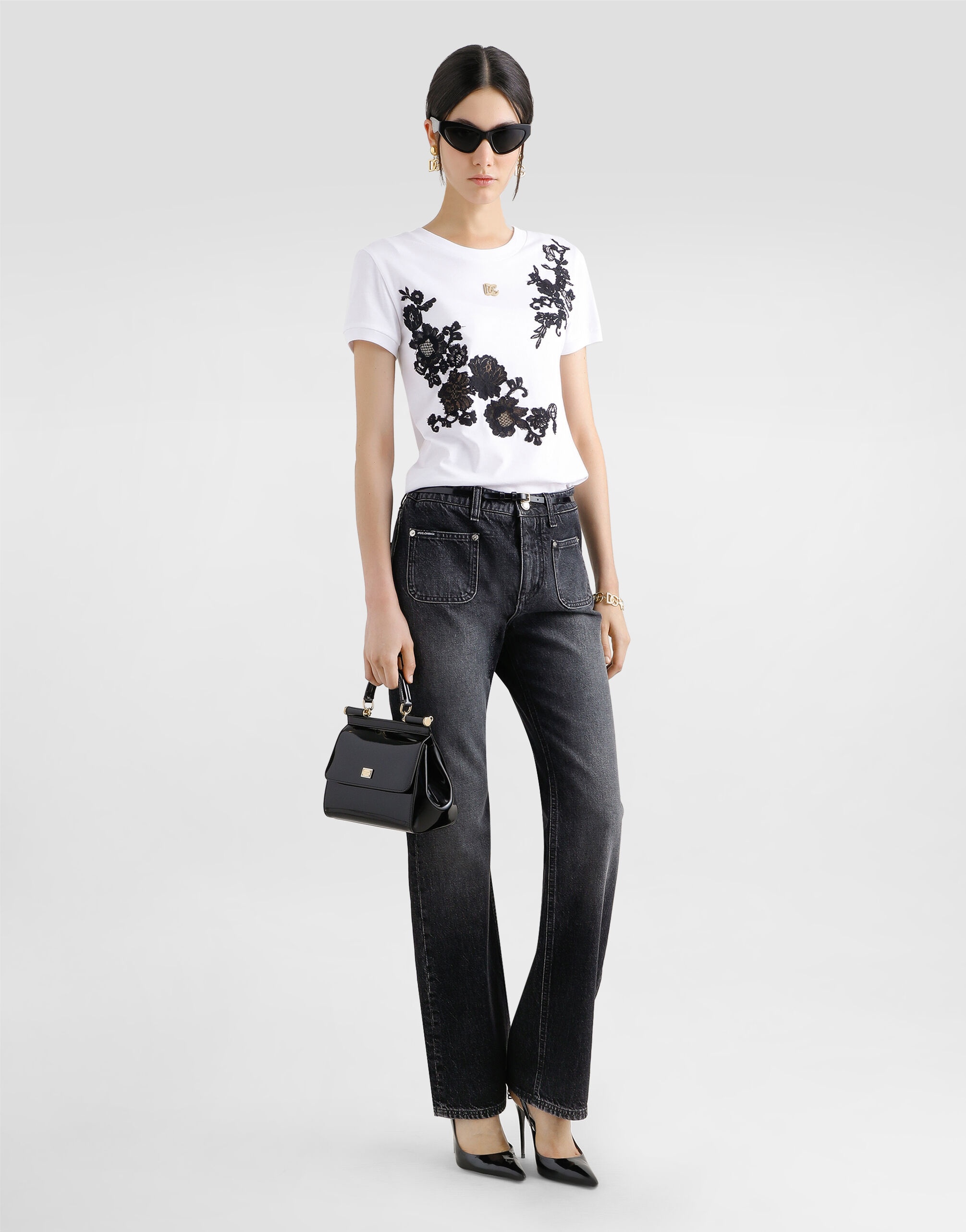 Jersey T-shirt with DG logo pin and lace details - 2