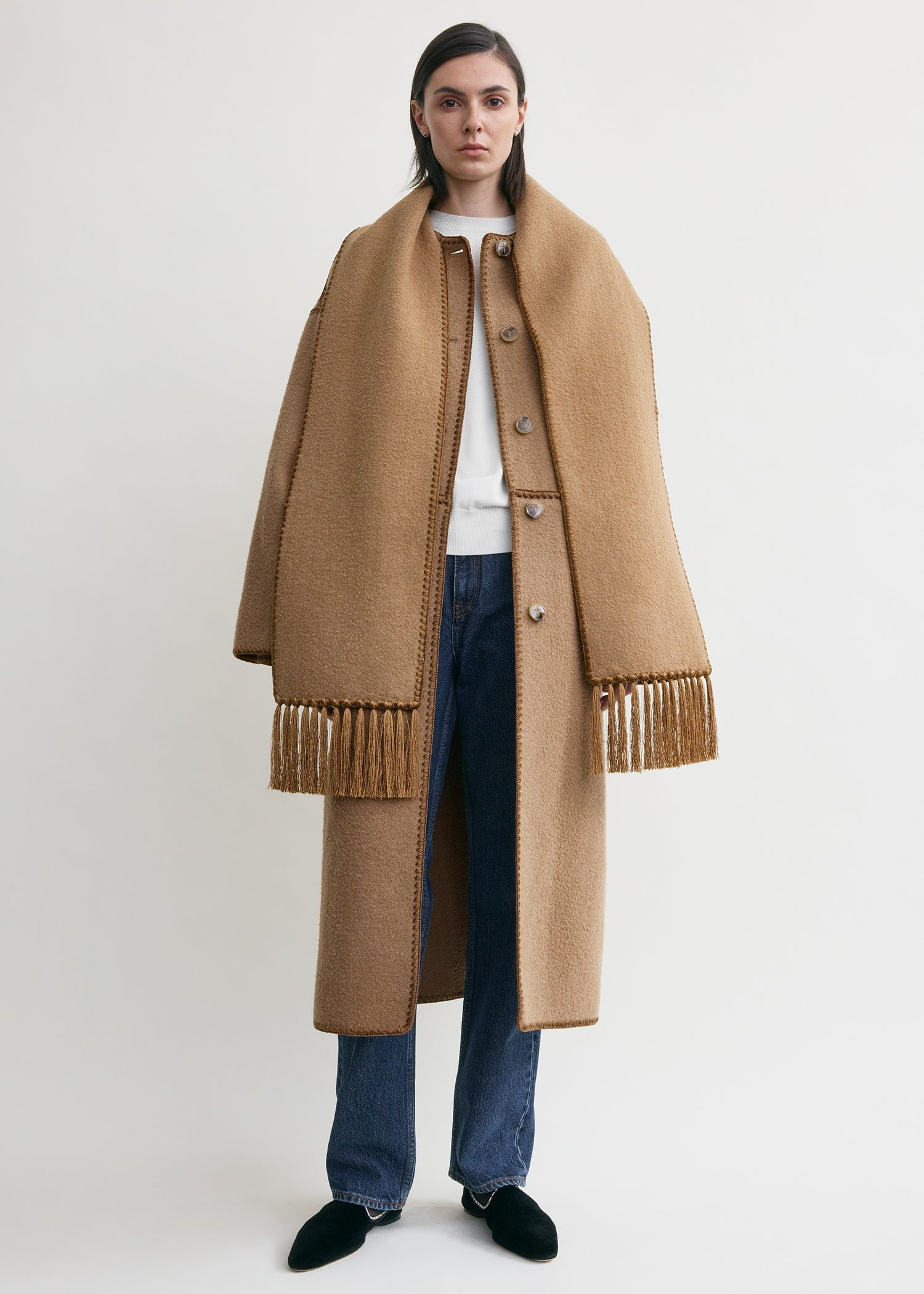Embroidered scarf coat camel - 6