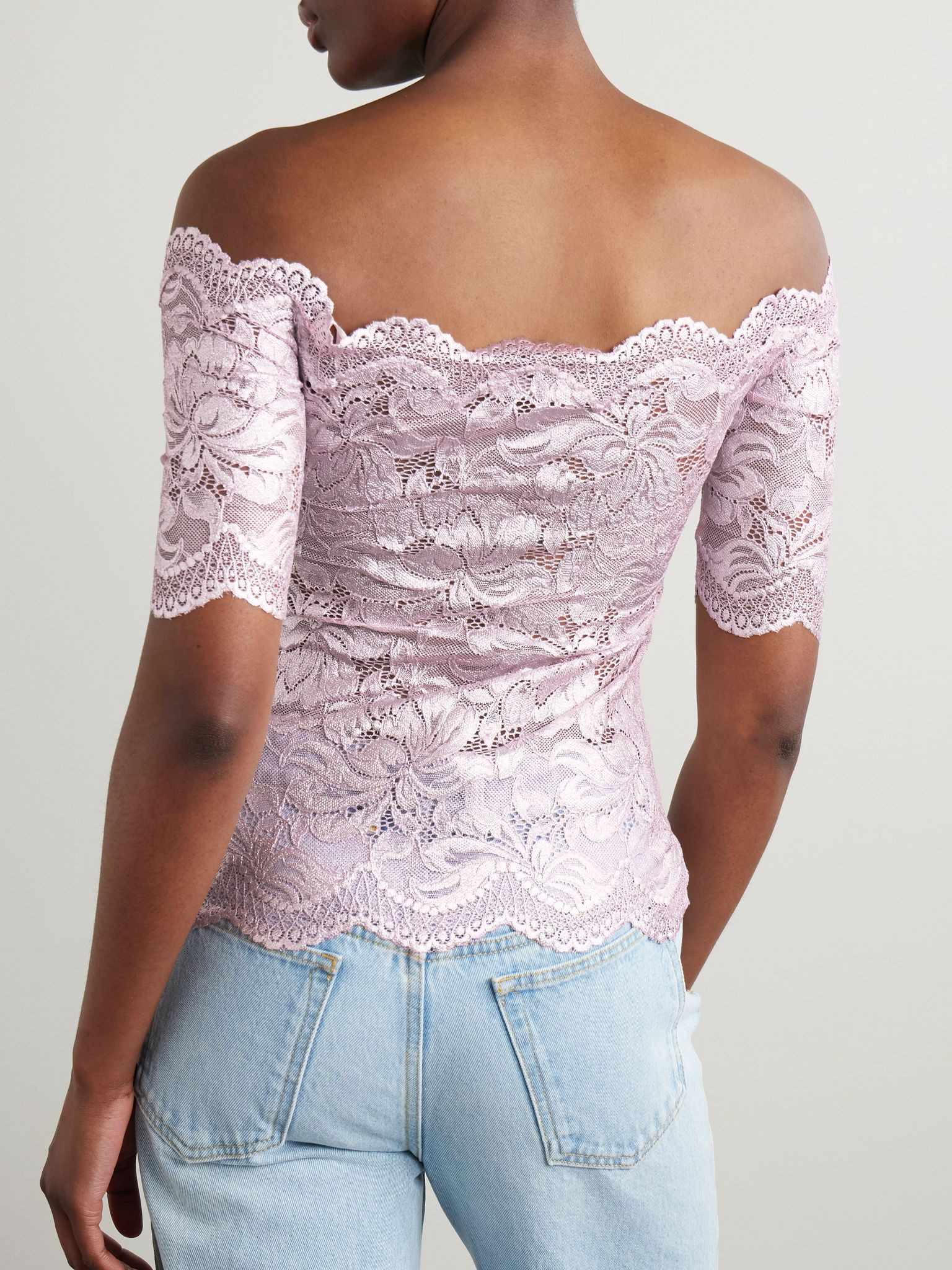 Off-the-shoulder metallic stretch-lace top Pink - 3