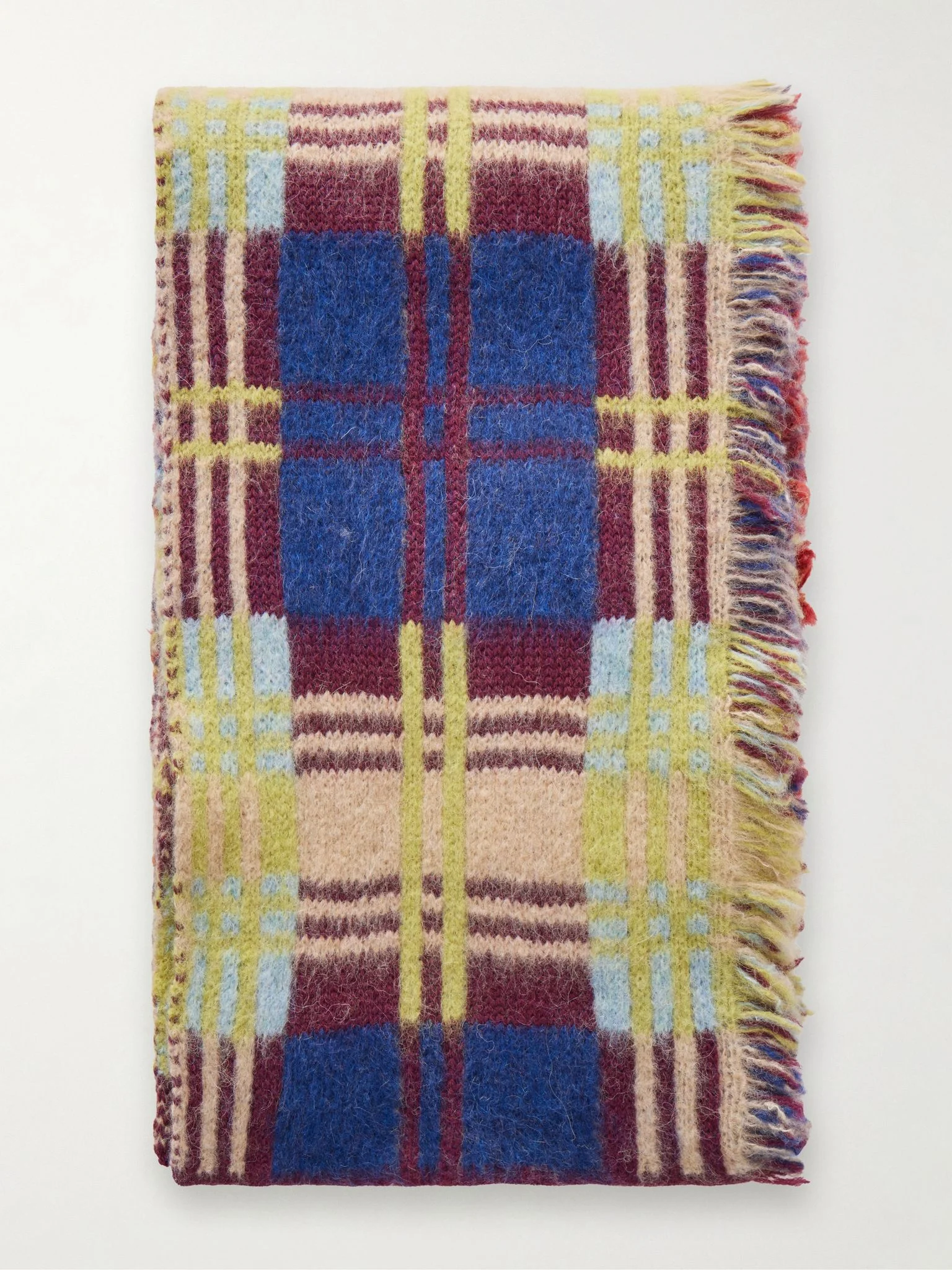 Fringe-trimmed checked brushed wool-blend scarf Blue - 1