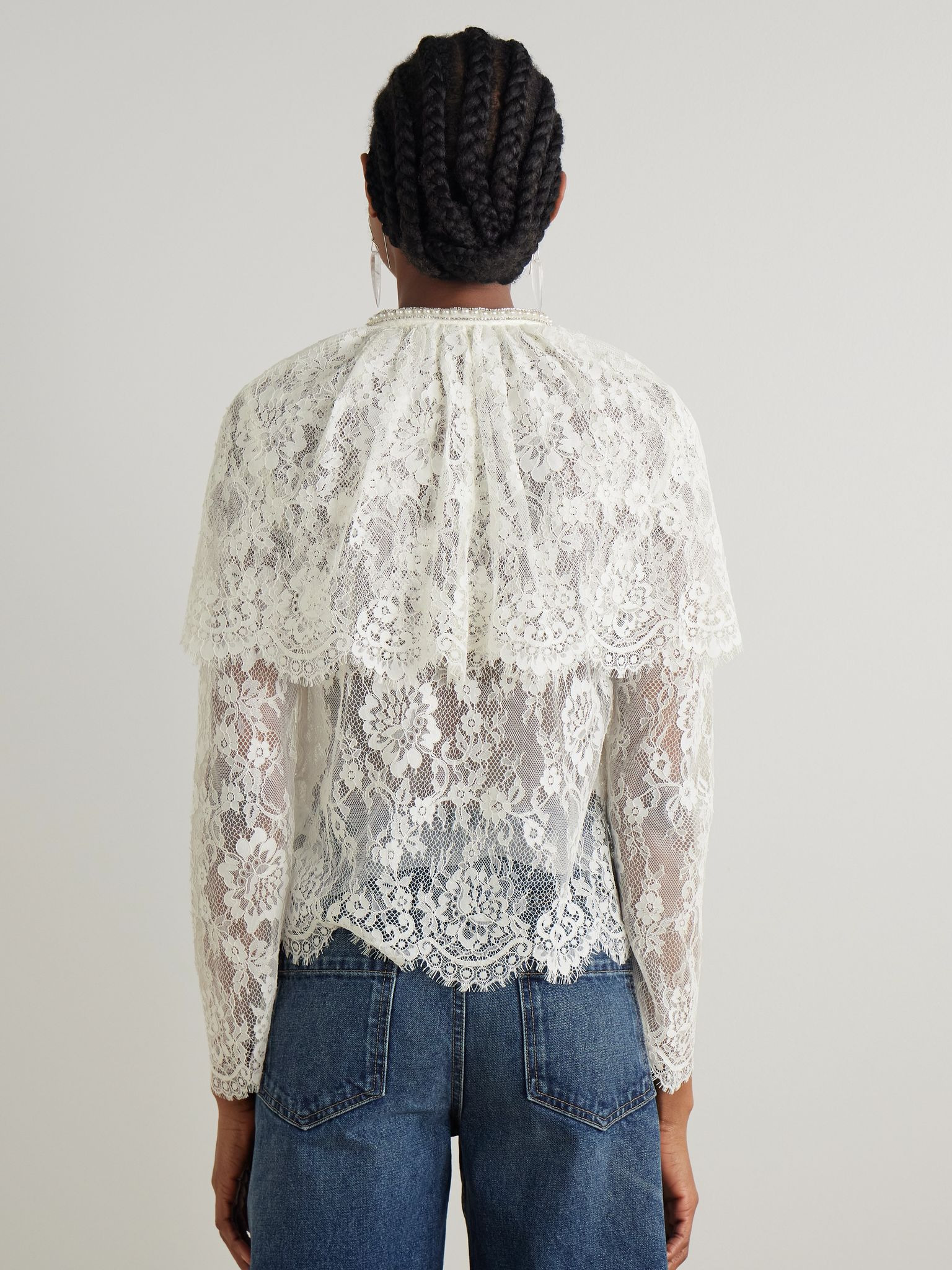 Cape-effect scalloped embellished lace blouse White - 3