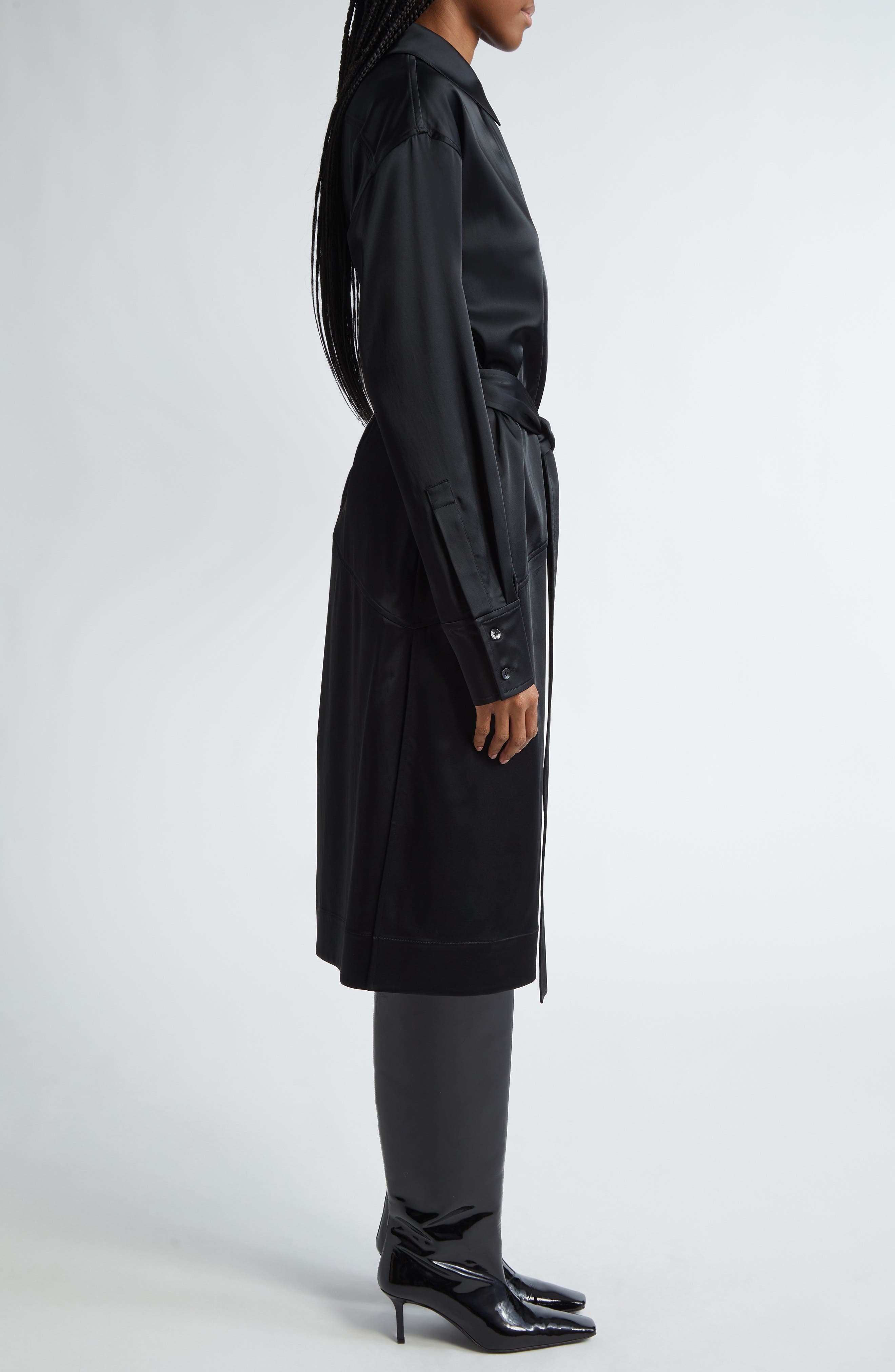 Proenza Schouler Andy Belted Long Sleeve Satin Shirtdress in Black at Nordstrom - 3