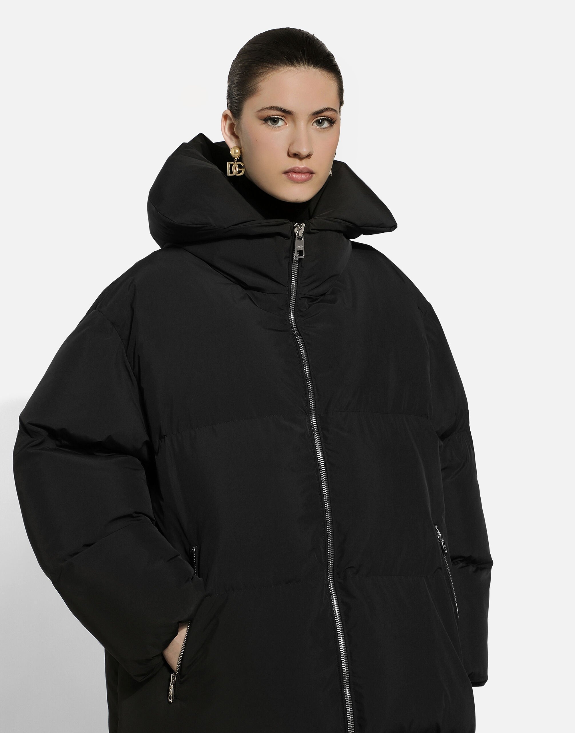 Long padded down jacket with branded tag - 4