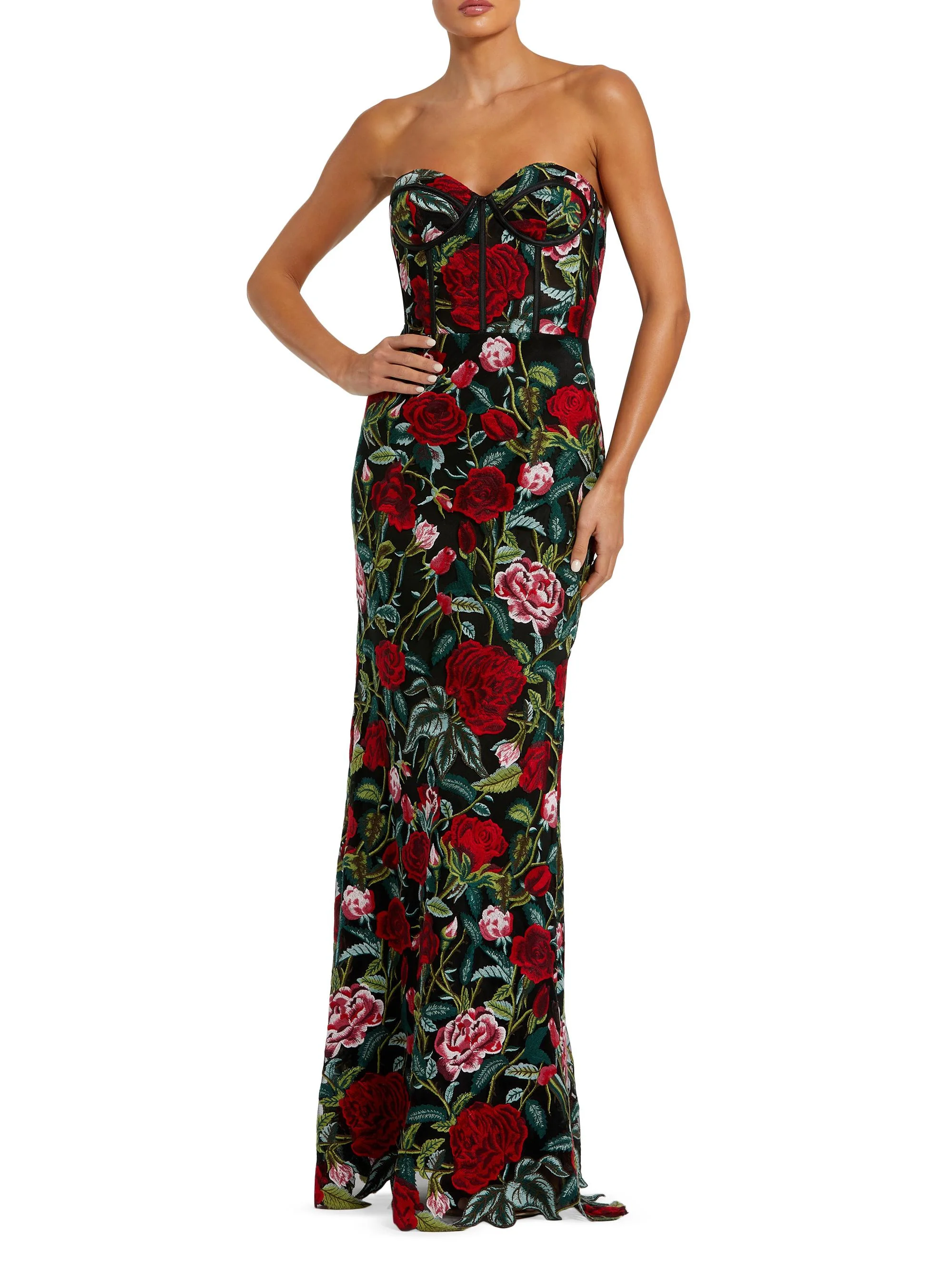 Women's Floral Embroidered Bustier Column Gown - Black Multi - 1