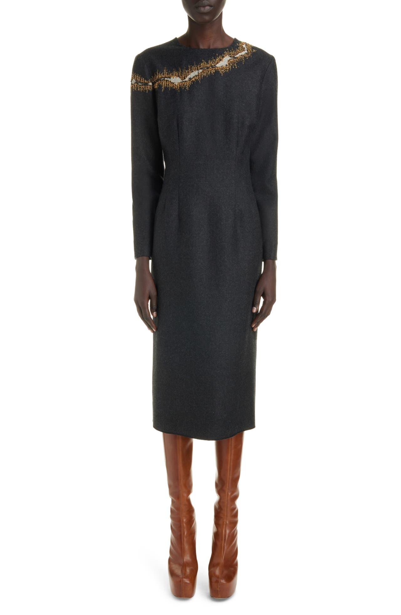 Dries Van Noten Delavina Embroidered Wool Blend Flannel Dress in Anthracite 901 at Nordstrom - 1