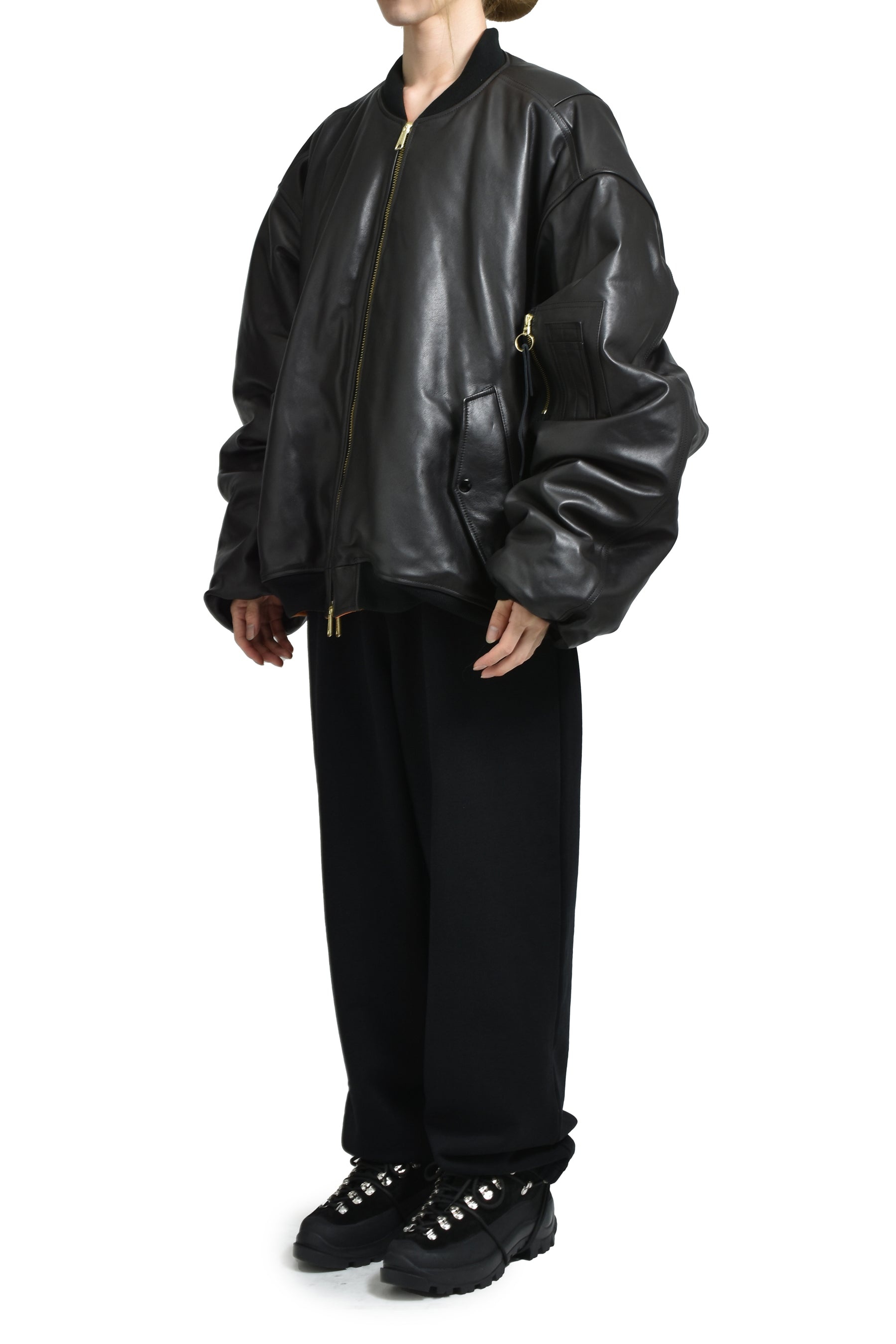OVERSIZED LEATHER BOMBER JACKET / BLK - 4