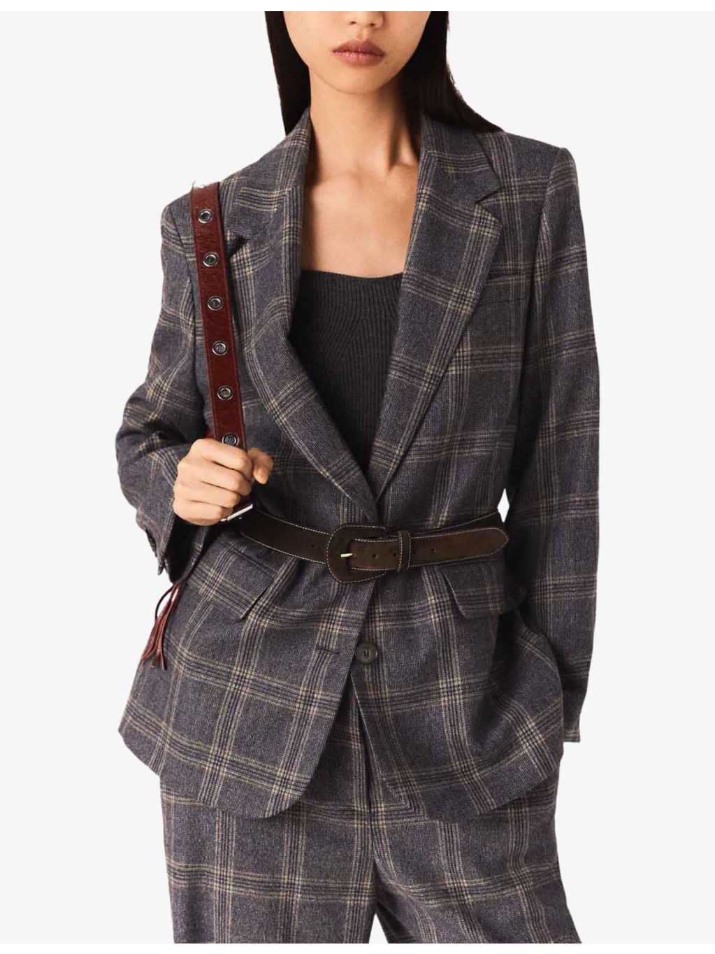 Checked Belted-Waist Stretch-Woven Blazer - 3