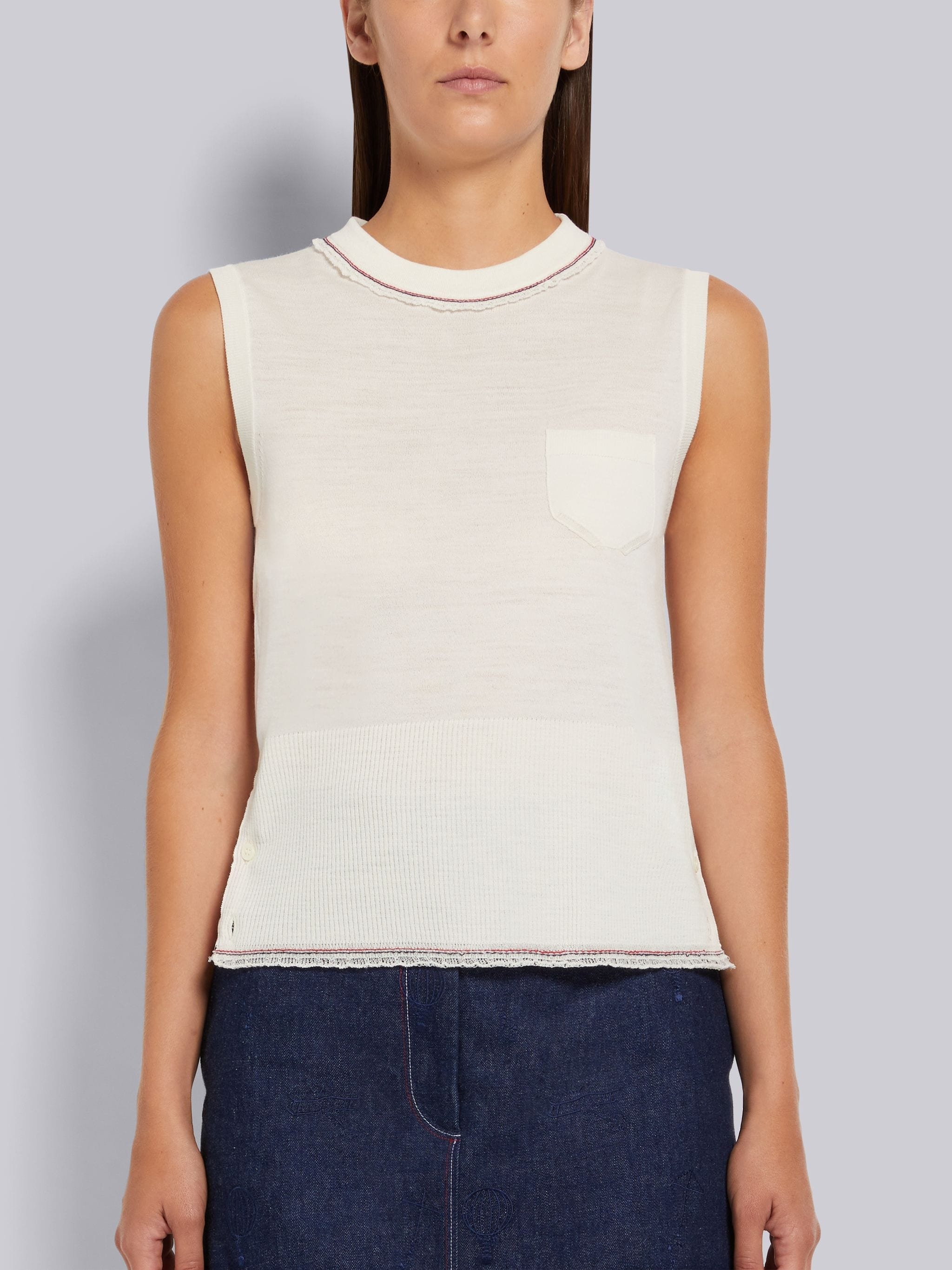 White Lightweight Wool Crepe Stripe Ruffle Trim Chest Pocket Shell Top - 1
