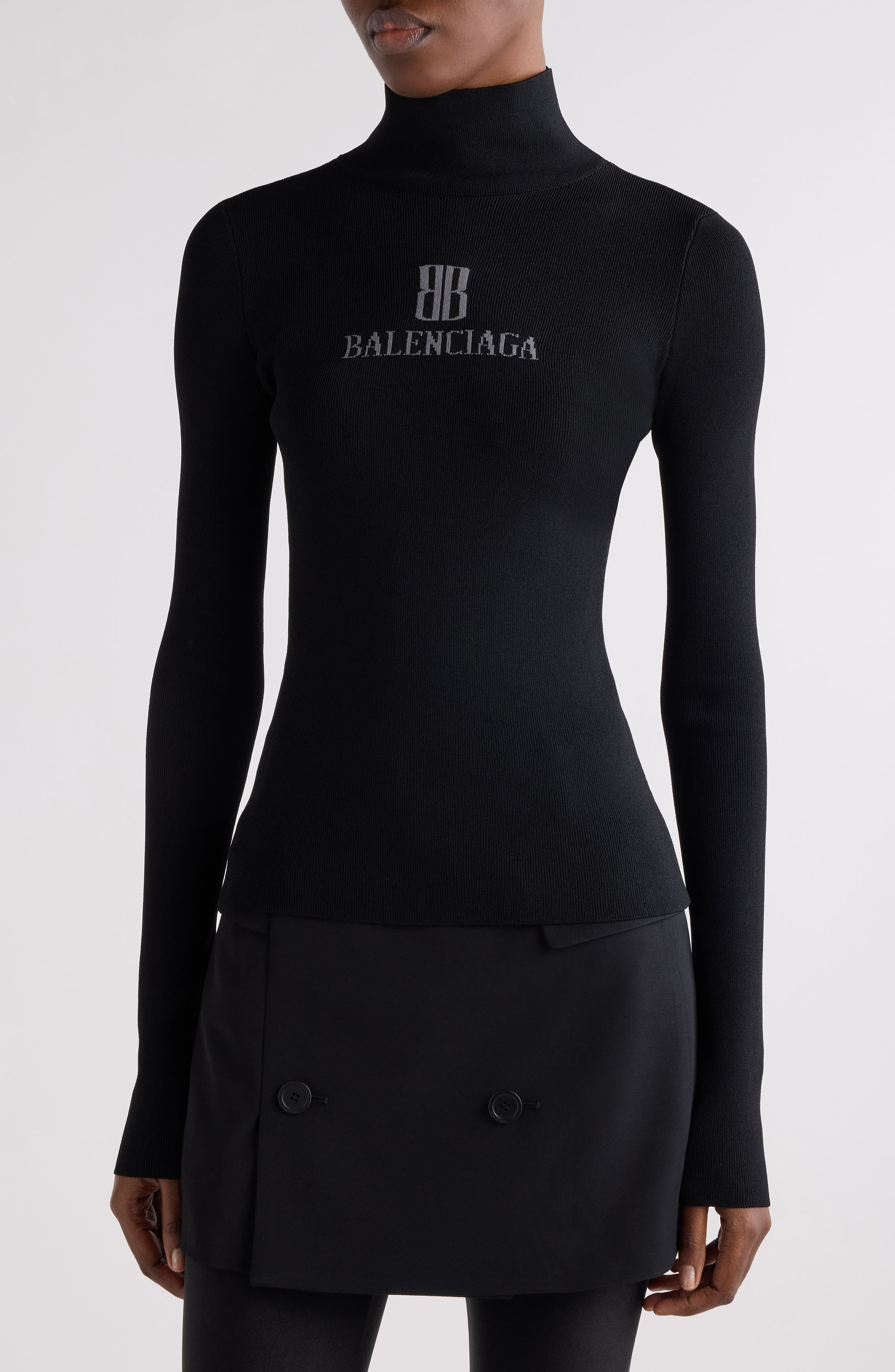 Balenciaga Nano Logo Rib Turtleneck Sweater in 1369 Black/Dark Grey at Nordstrom - 5