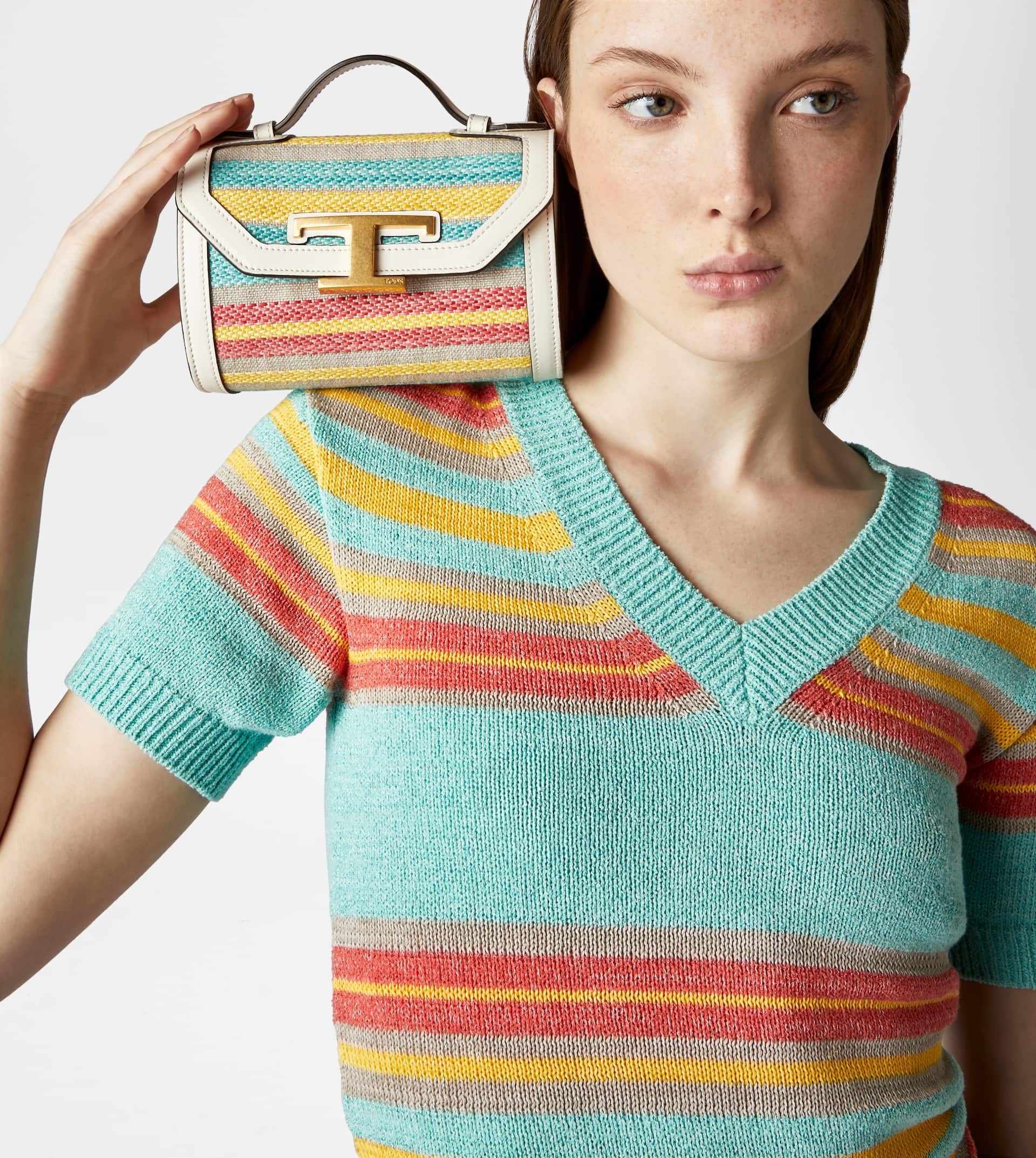 T TIMELESS CROSSBODY BAG IN FABRIC AND LEATHER MICRO - OFF WHITE, LIGHT BLUE, YELLOW - 2