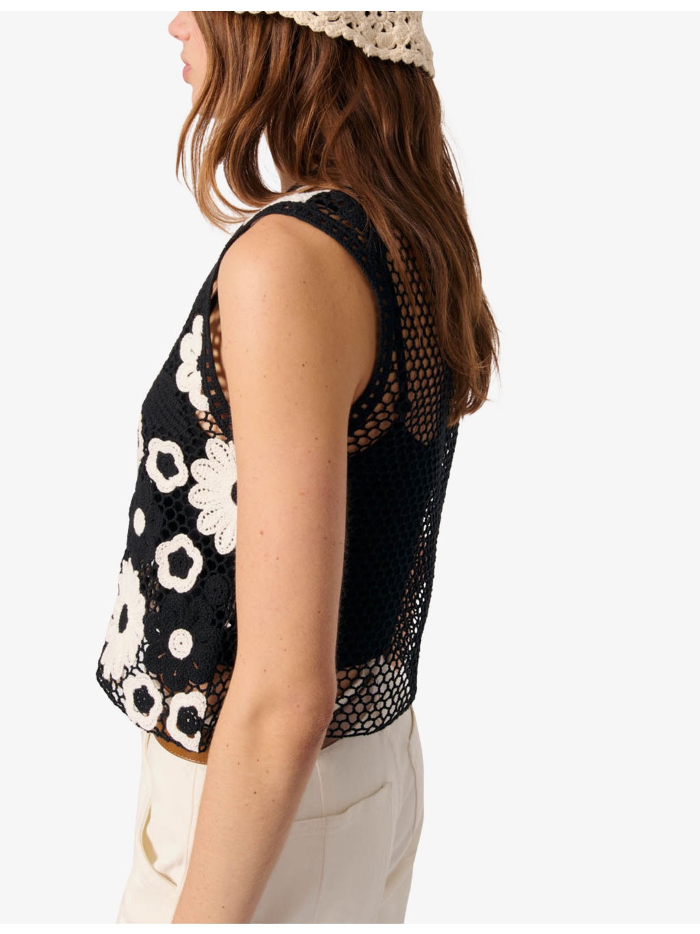 Floral-Pattern Sleeveless Cotton-Crochet Top - 6