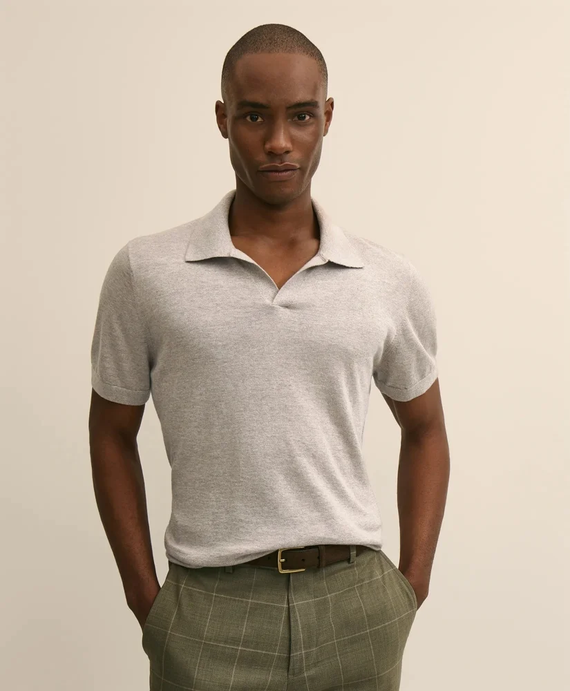 Linen-Cotton-Cashmere Short-Sleeve Mouliné Johnny Collar Sweater - 1