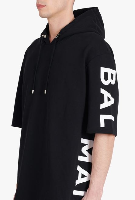 Oversized black eco-designed cotton hooded sweatshirt with white Balmain logo print - 8