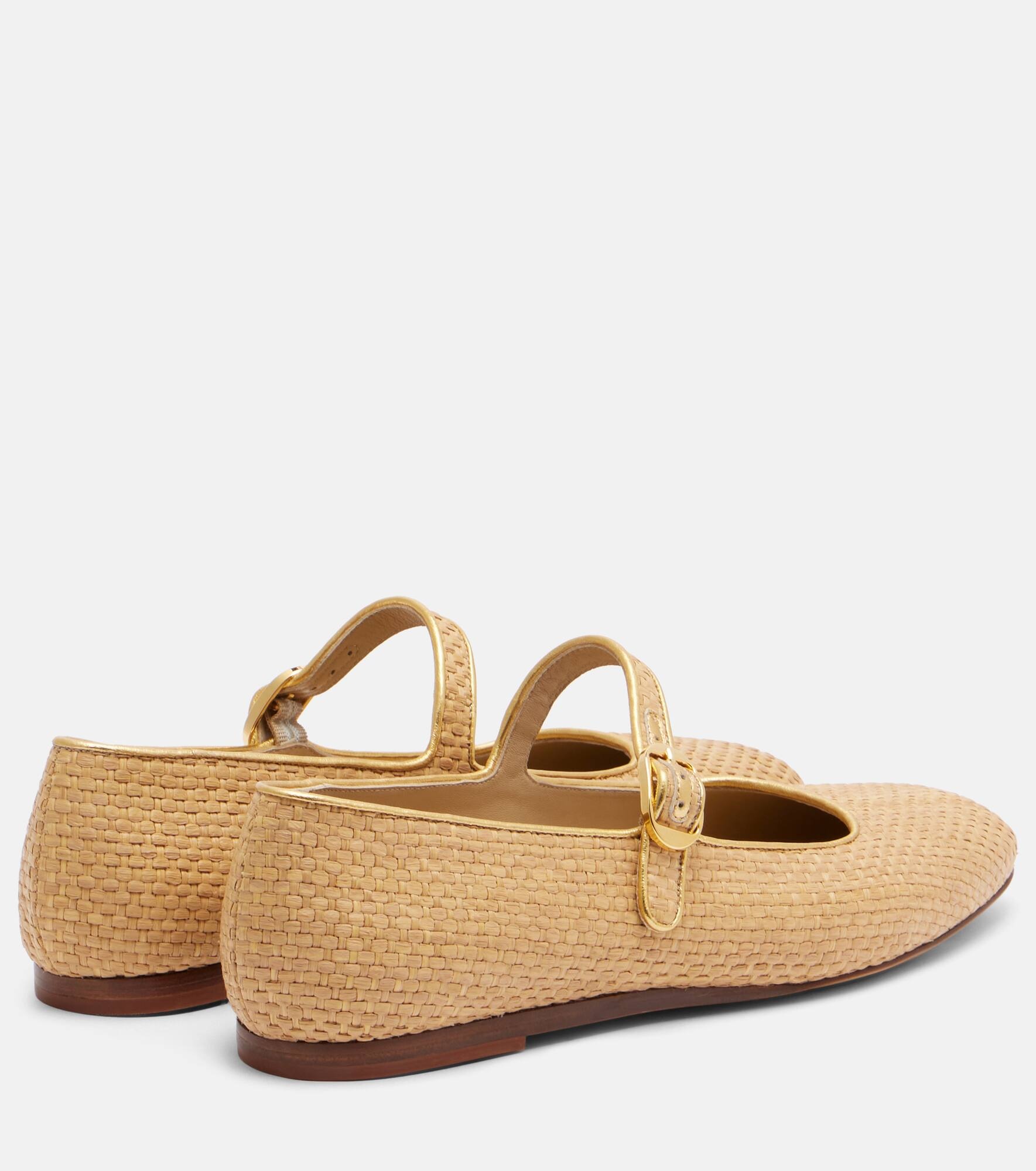 Leather-trimmed raffia Mary Jane flats - 2