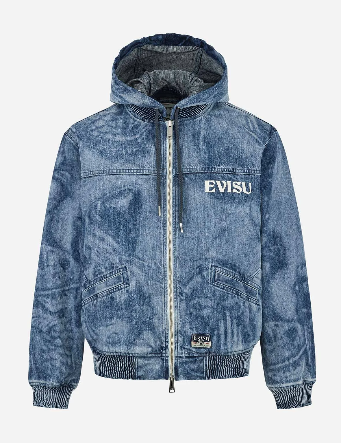 Fisherman Godhead Laser Print Loose Fit Hooded Denim Jacket - 1