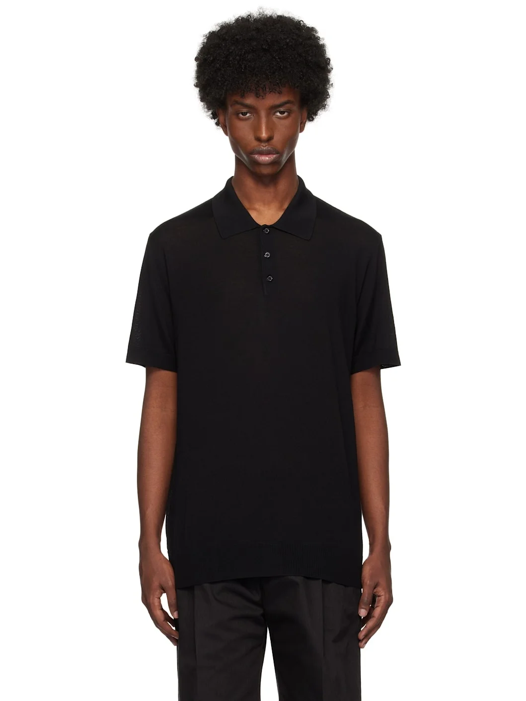 Black Short-Sleeved Merino Wool Polo - 1