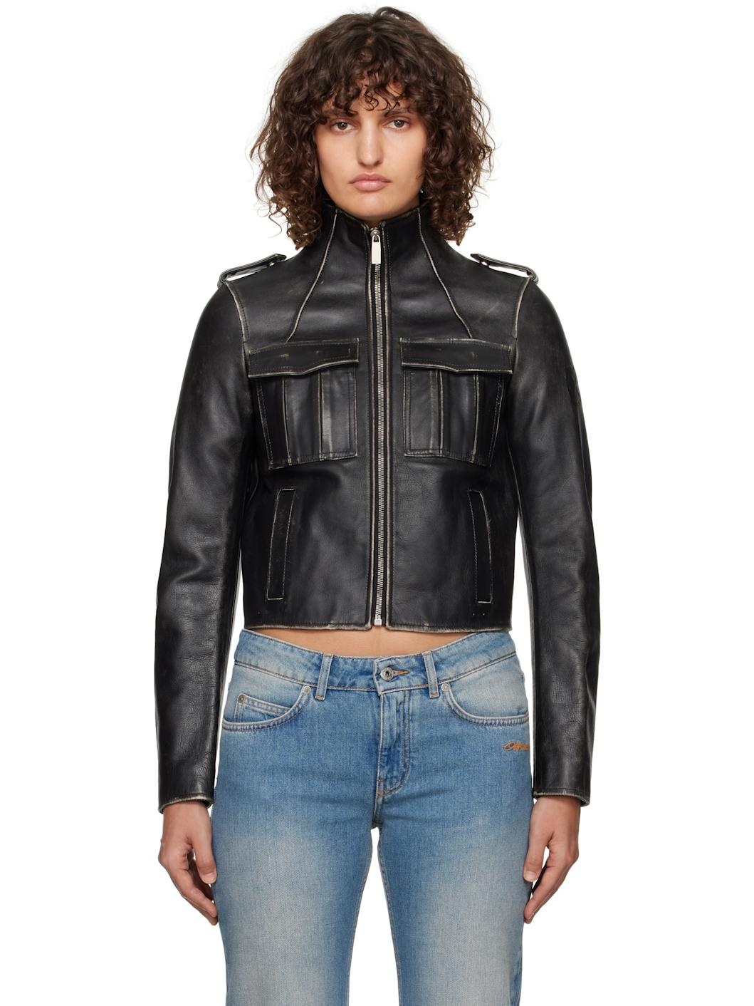 Black Vintage Lea Biker Leather Jacket - 1