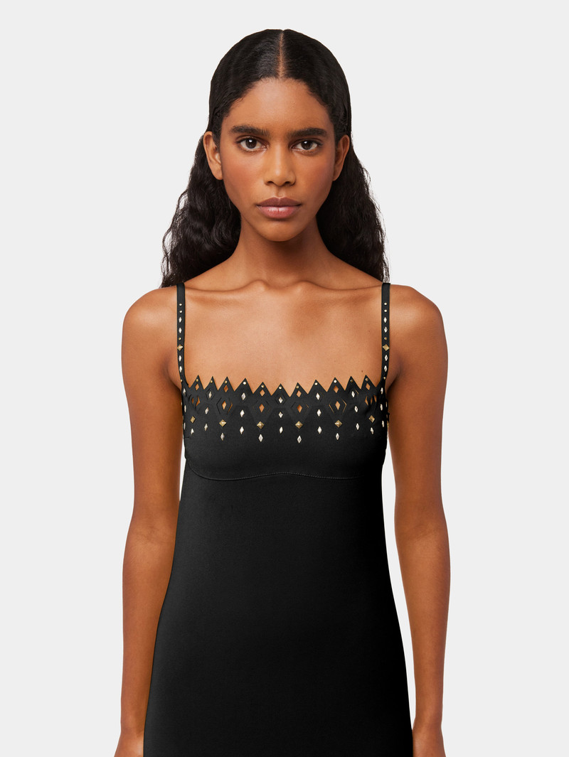 BLACK CREPE LONG DRESS WITH DIAMOND-SHAPED ASSEMBLY 3