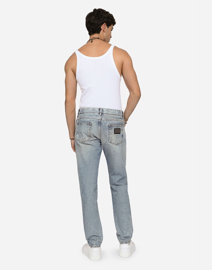 Light blue regular-fit stretch jeans with rips - 3
