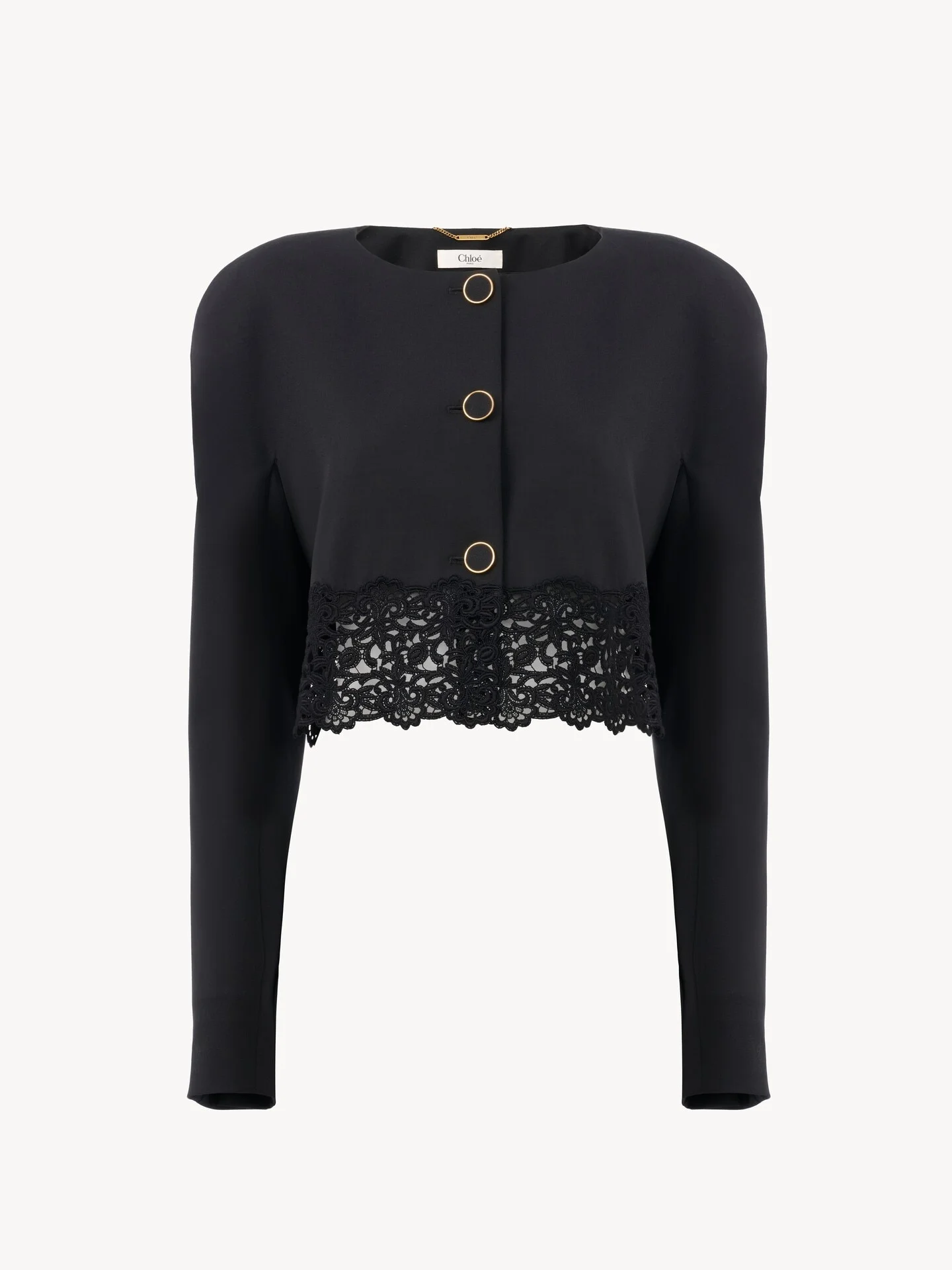 COLLARLESS CROPPED JACKET IN WOOL GRAIN DE POUDRE & LACE - 1