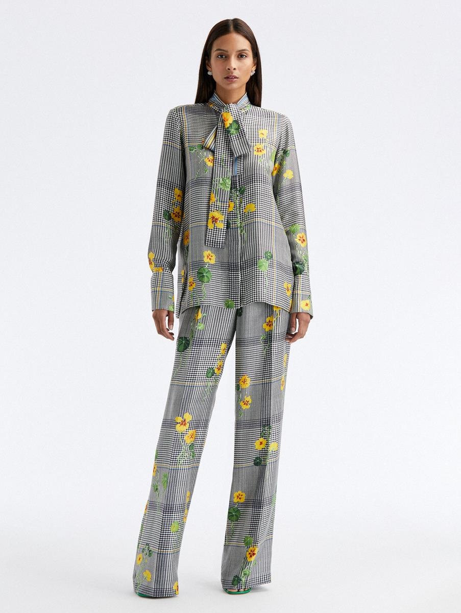 WIDE LEG NASTURTIUM PLAID SILK TWILL PANTS - 3