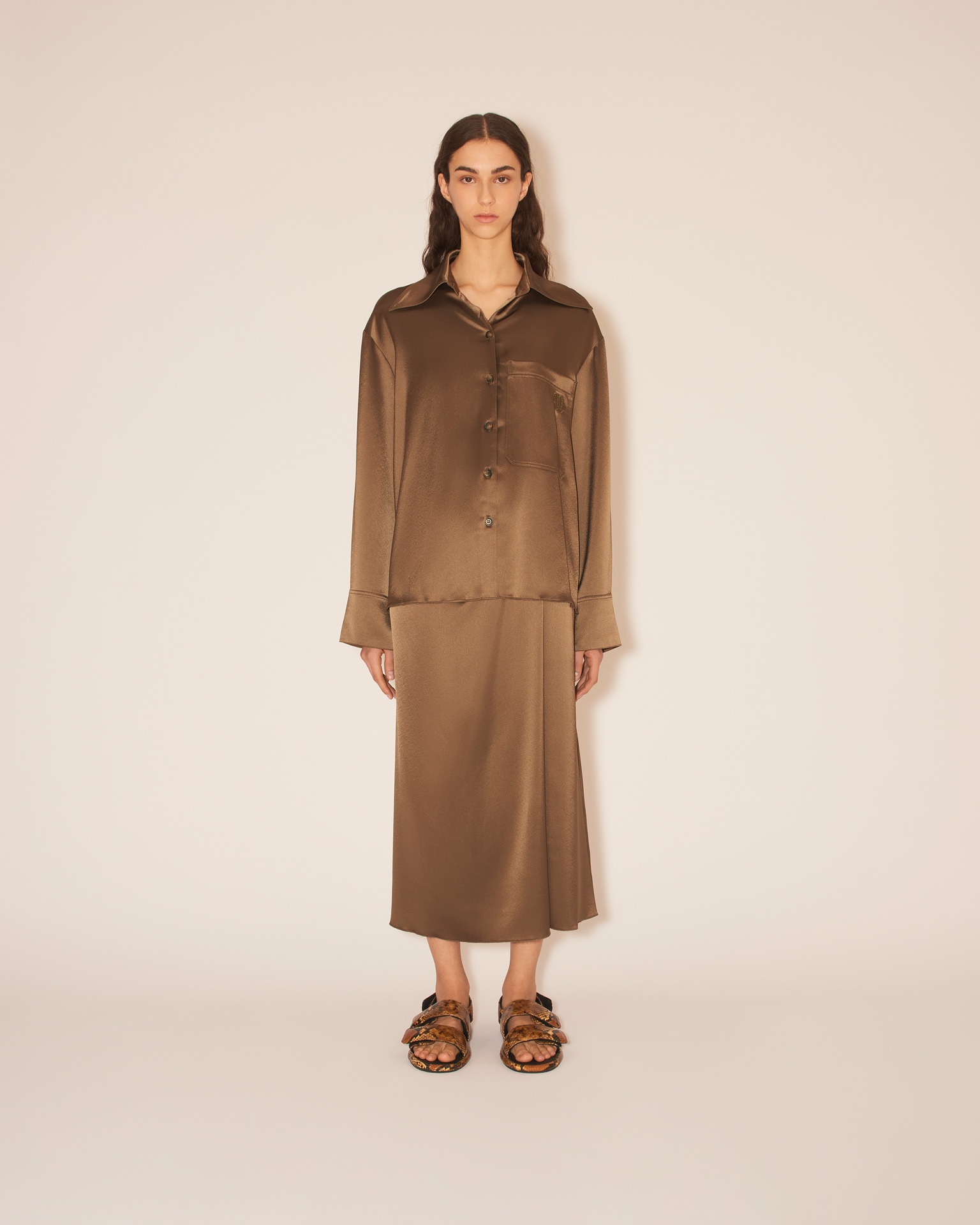 EBBA - Relaxed fit satin long sleeve shirt with slight pilgrim collar - Dark khaki - 2