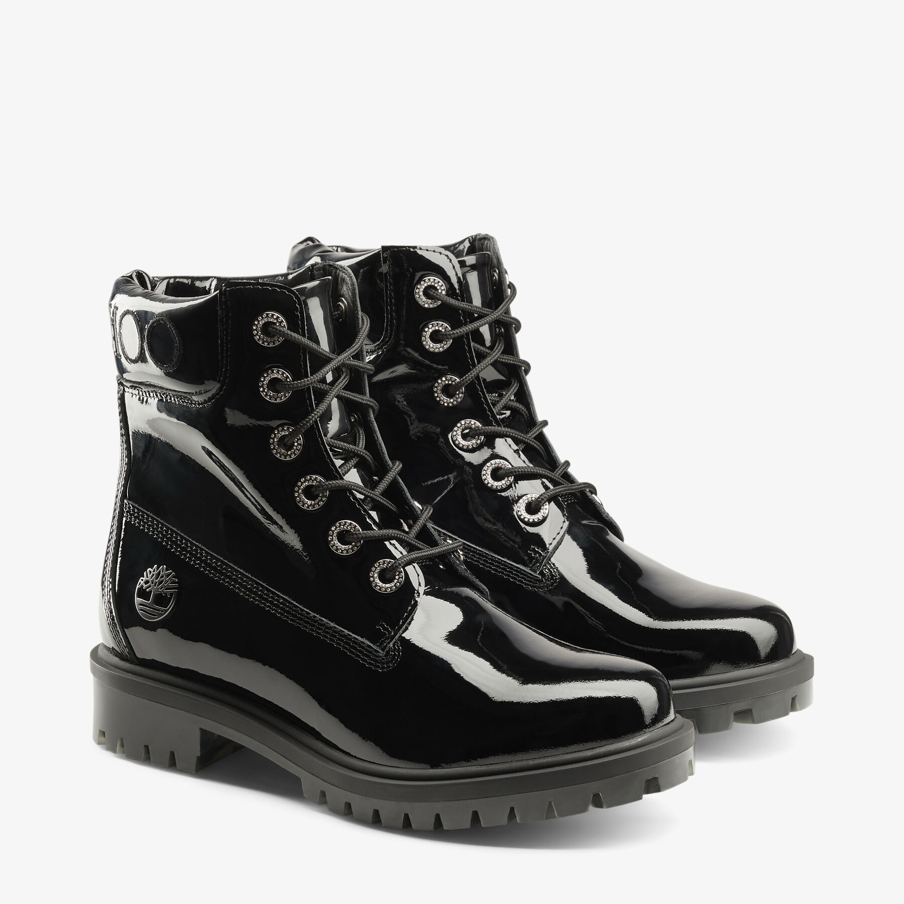 JIMMY CHOO X TIMBERLAND PATENT LEATHER HARNESS BOOT
Black Timberland Patent Knee High Boots with Det - 5