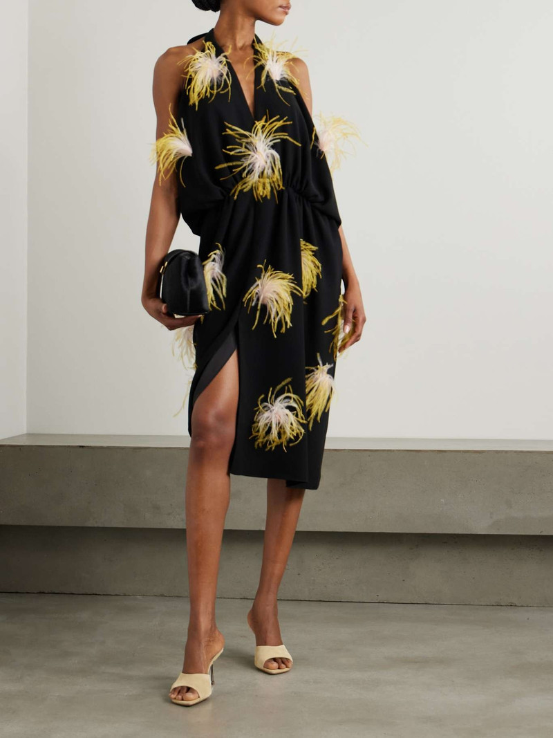 16ARLINGTON Vide asymmetric feather-trimmed gathered crepe halterneck dress Black outlook