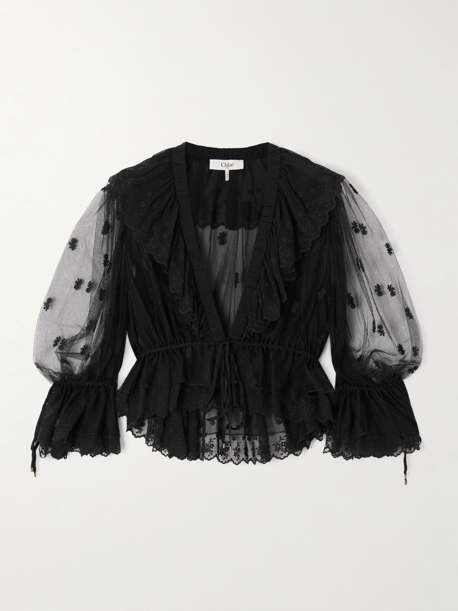 Cropped ruffled embroidered mesh blouse Black - 1
