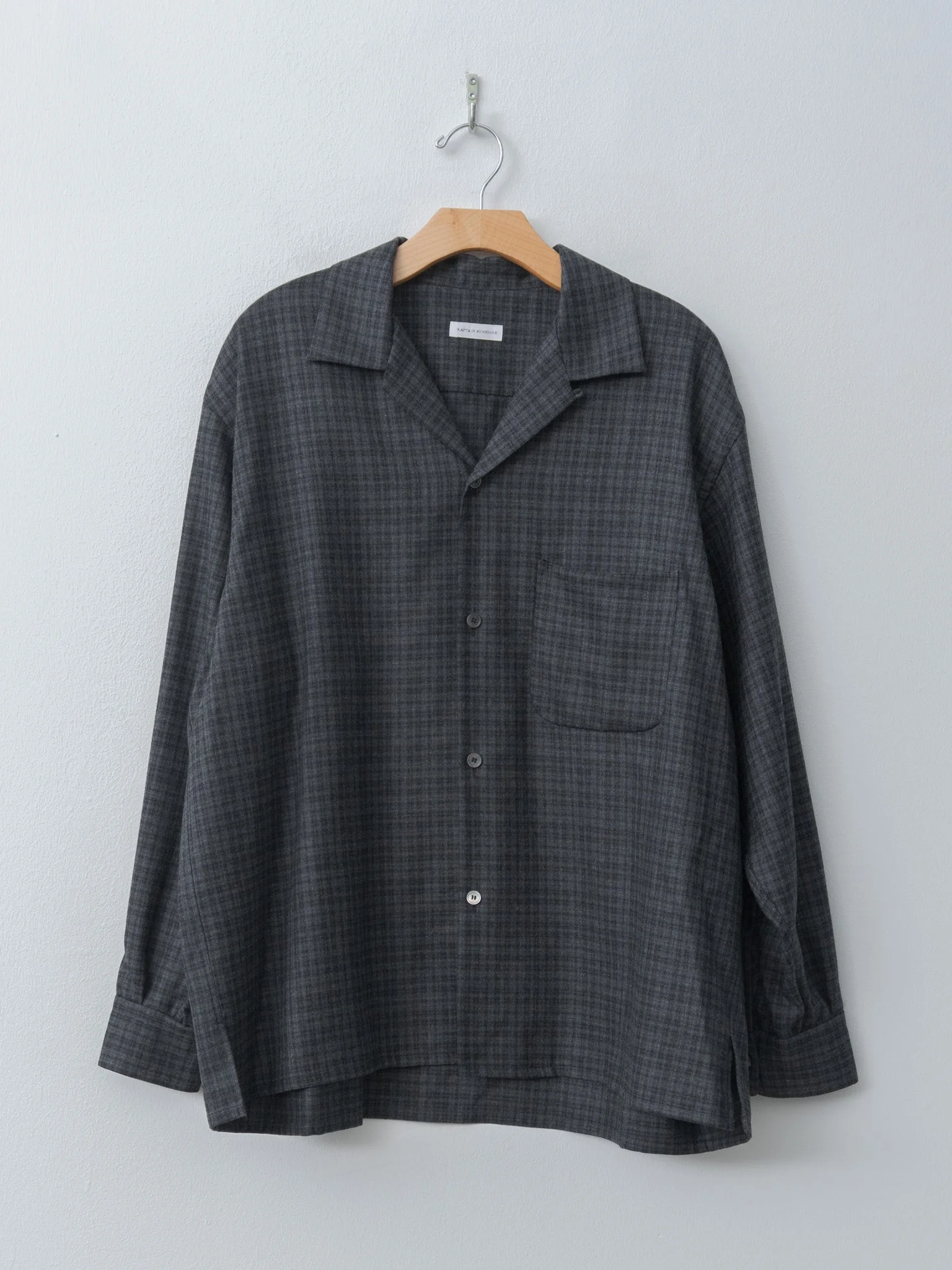 Wool Plaid Open Collar Shirt - Charcoal - 1