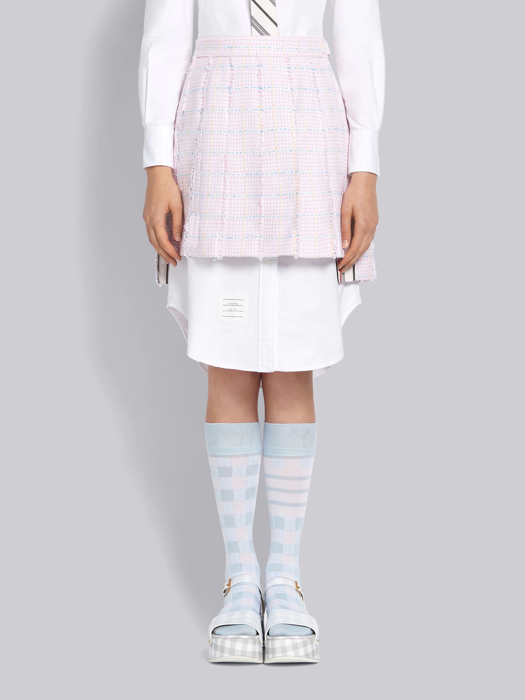 Pink Cotton Windowpane University Check Tweed Dropped Back Mini Pleated Skirt - 1