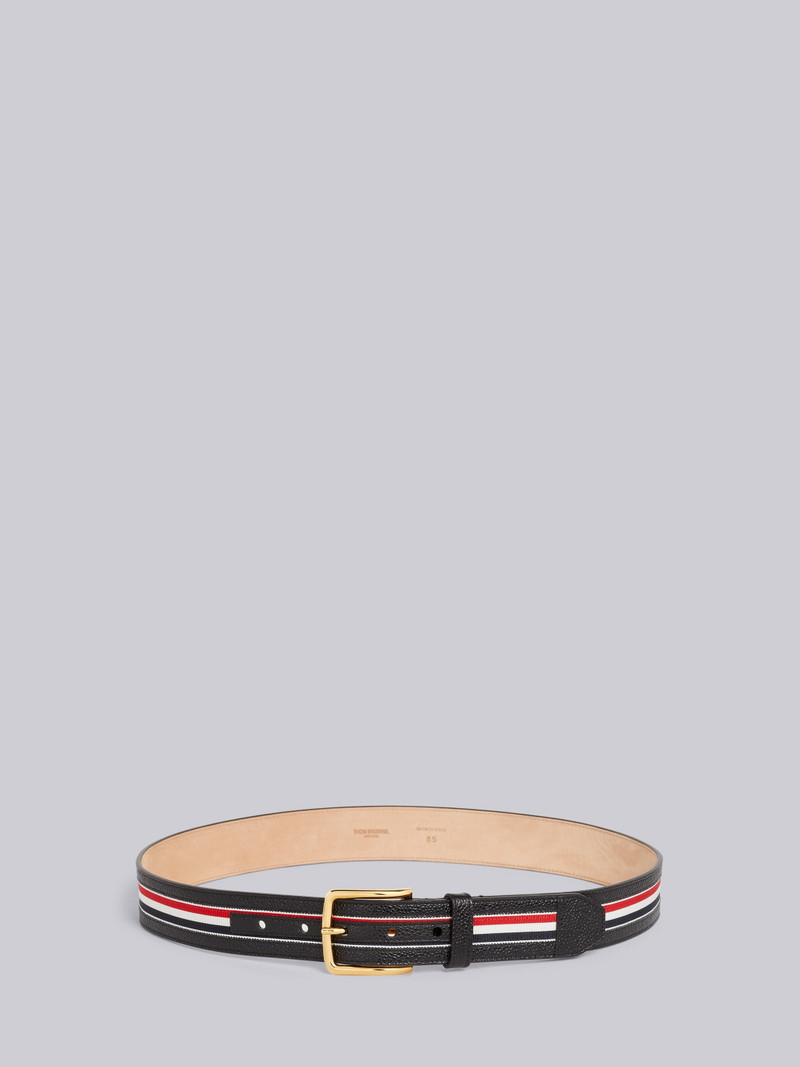 Black Pebble Grain Leather and Grosgrain Stripe Classic Belt 1