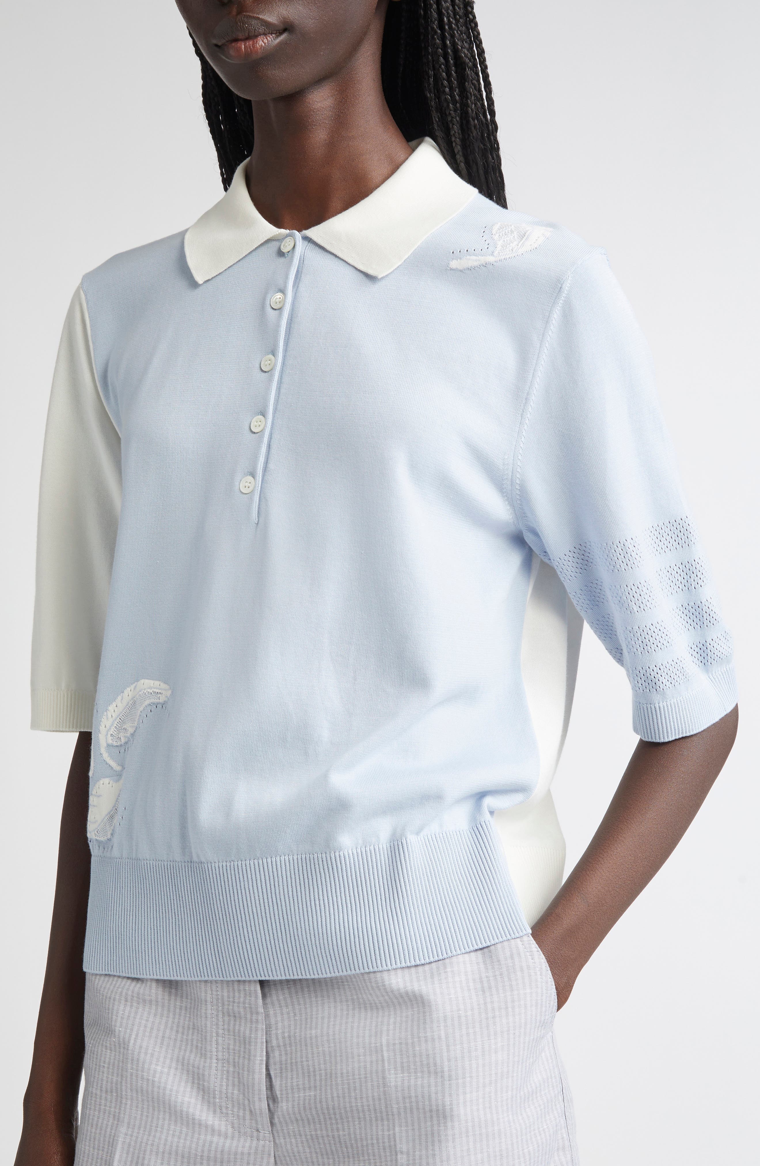 Thom Browne Fun-Mix Feather Intarsia Cashmere Polo in Light Blue at Nordstrom - 5