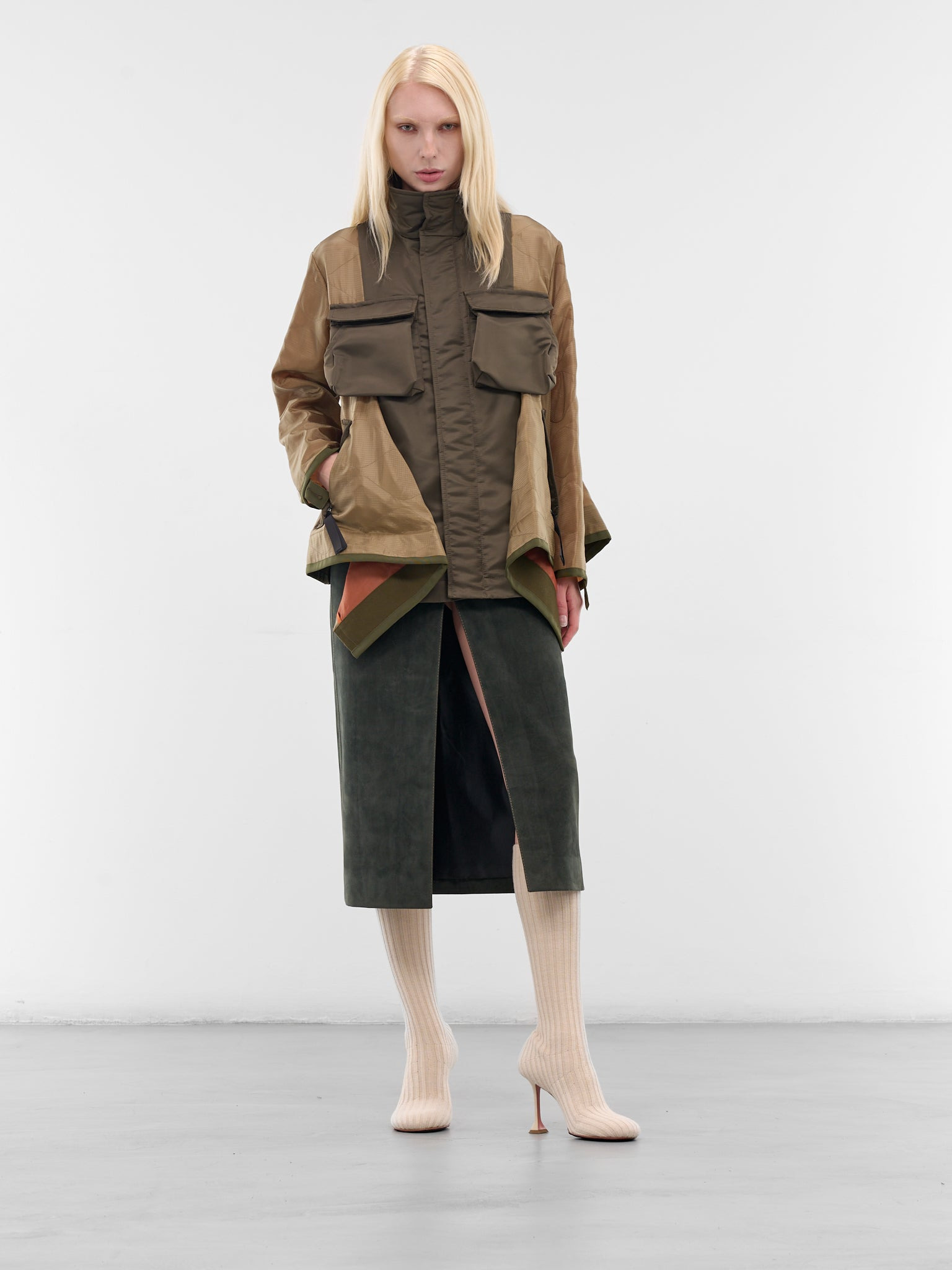 Khaki Nylon Contrast Drape Jacket - 6