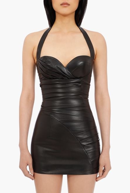 Short black leather pleated dress - 5