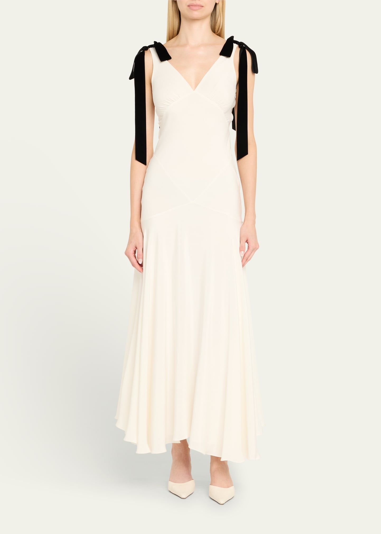 White Silk Crepe Bias Dress With Black Velvet Bows - 2